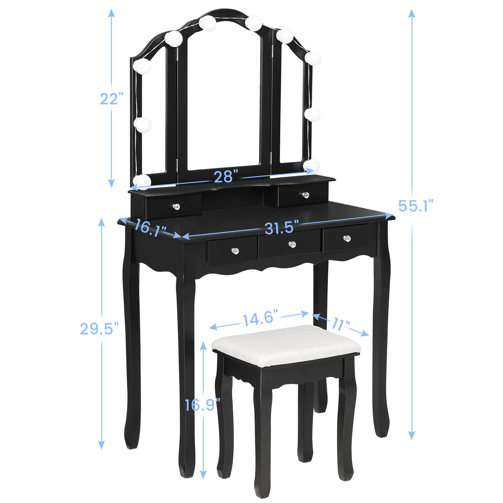Tiptiper Vanity Desk with Lighted Tri-Fold Mirror & Stool - 5 Drawers Makeup Vanity Set, 3 Light Settings & Adjustable Brightness, Black - Perfect for Bedroom, Dressing Room & Beauty Salon Makeup Application