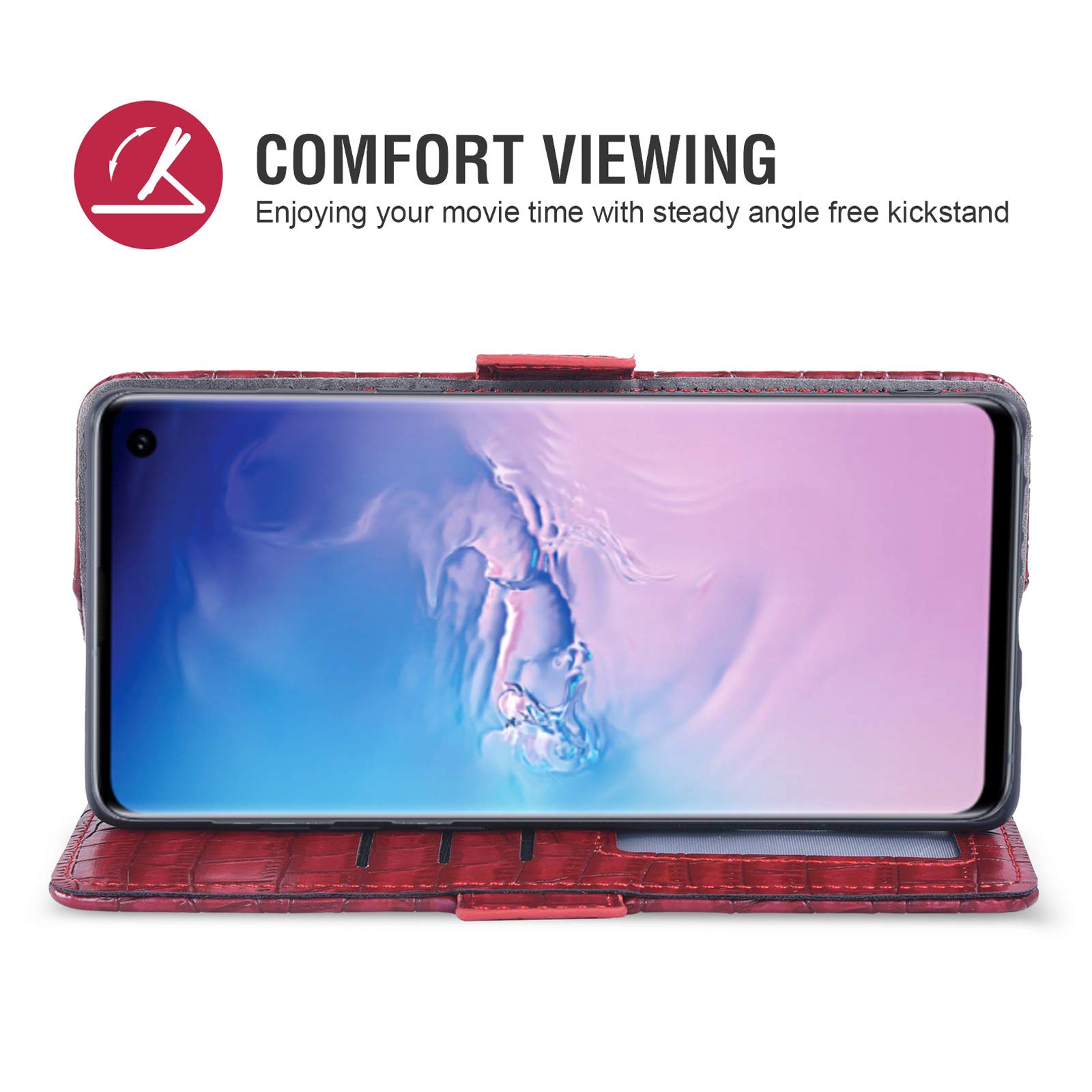 ASUWISH Samsung Galaxy S10 Plus Wallet Case with Card Holder & Tempered Glass Screen Protector | Flip Cover Phone Case for Galaxy S10+/S10 Plus/S10 Edge (Red) - Perfect for Daily Use, Business Meetings & Travel Protection
