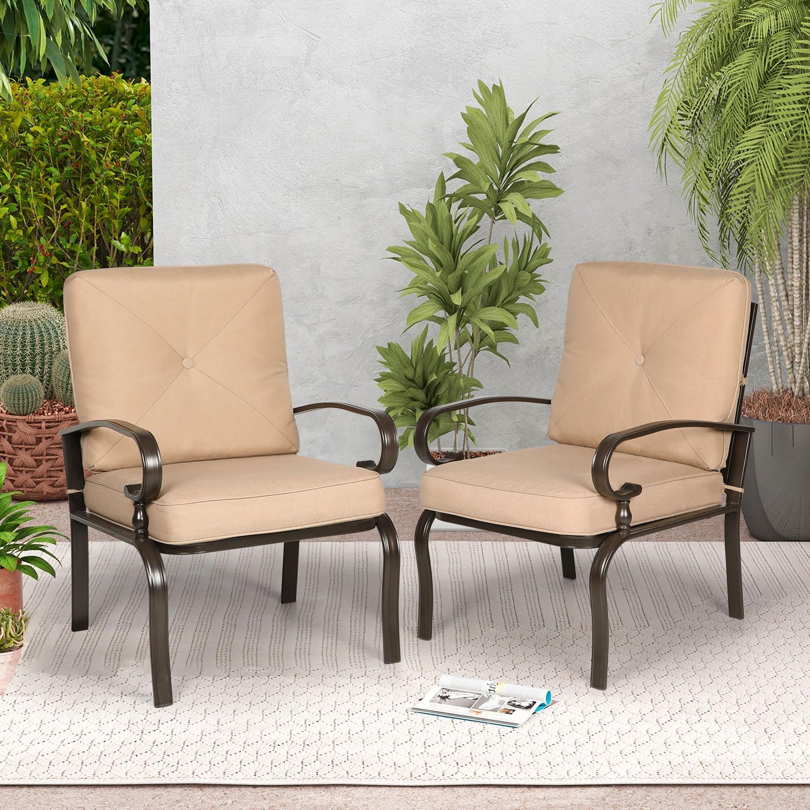 Incbruce 2-Pack Metal Outdoor Dining Chairs - Wrought Iron Patio Chairs with Steel Frame, All-Weather Garden Seating with Arms & Cushions (Brown) - Perfect for Restaurant, Backyard, Poolside & Outdoor Dining Areas