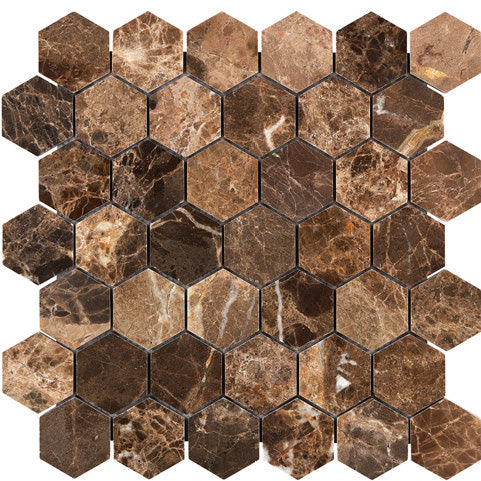 Premium Emperador Dark Marble 2-Inch Hexagon Mosaic Tile - Natural Stone Floor & Wall Tile for Bathroom, Kitchen Backsplash, Shower, and Fireplace