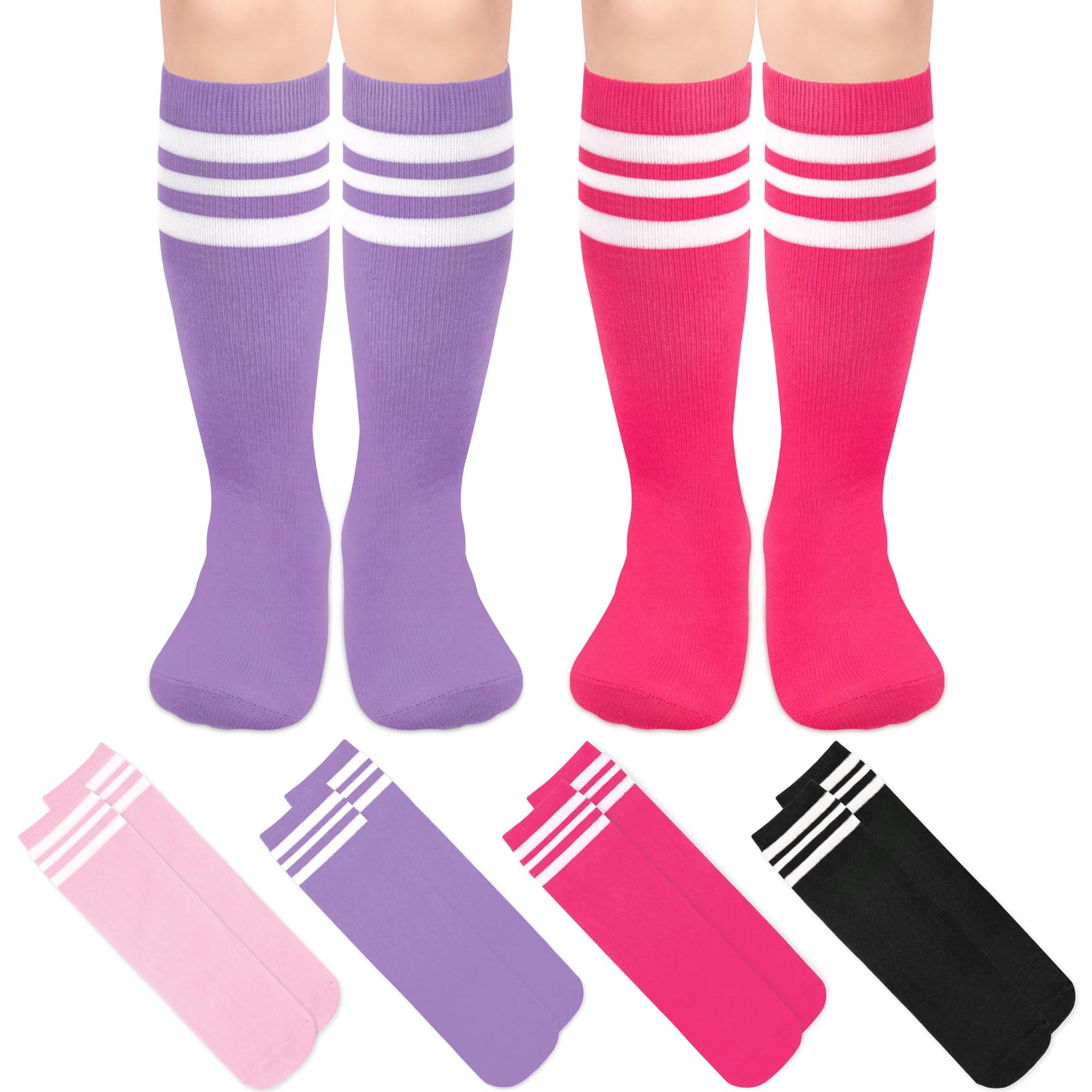 Qikqik 4 Pairs Toddler Soccer Socks - Breathable Cotton Knee High Socks for Boys & Girls - Perfect for Soccer, Baseball & Sports Activities - Soft & Comfortable Kids Athletic Socks for Daily Wear & Playtime