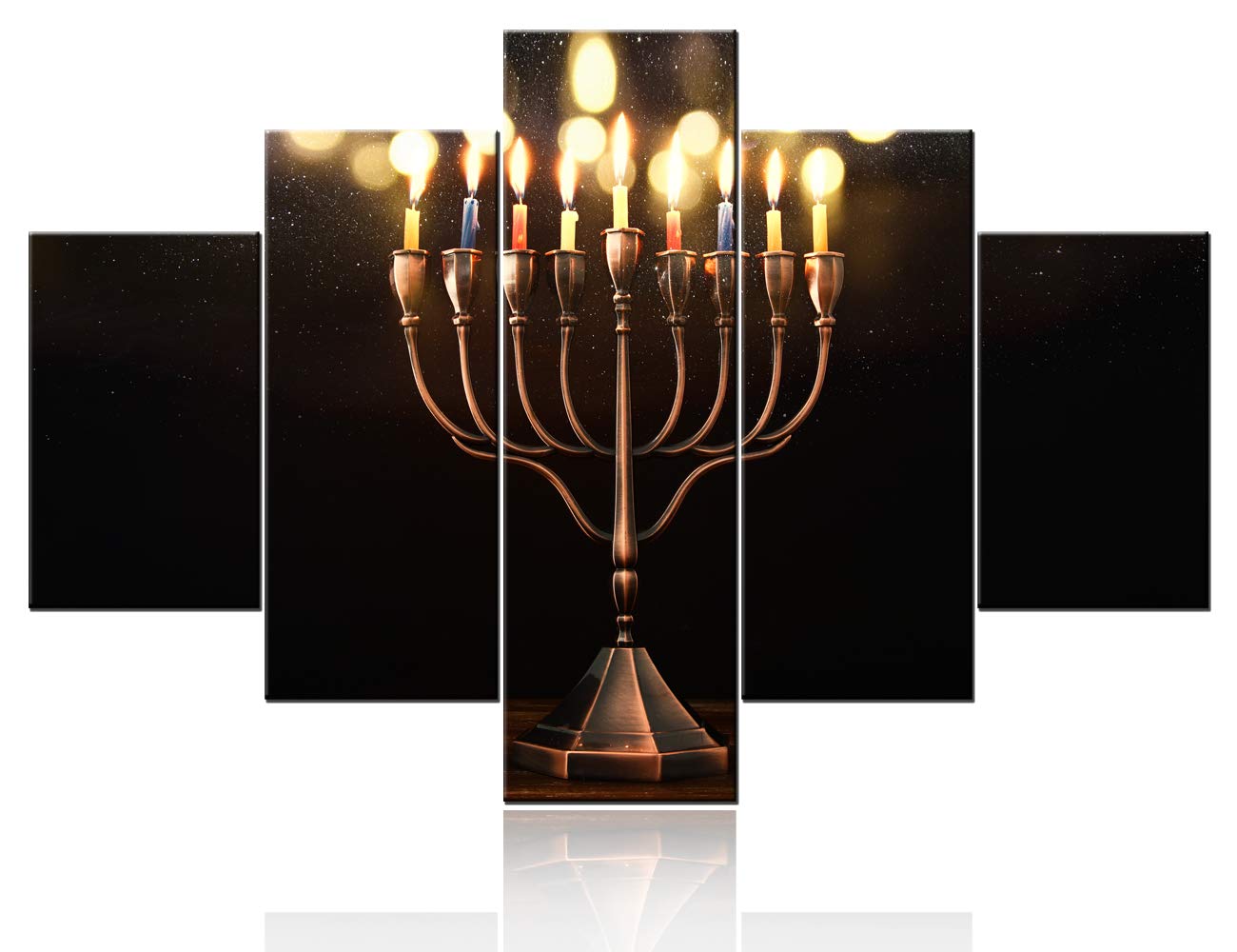 TUMOVO Jewish Wall Art - Hanukkah Menorah Candles Painting Set of 5 Multi Panel Canvas Artwork, Framed Ready to Hang Home Decor for Living Room (60''W x 40''H) - Perfect for Jewish Holidays, Synagogue Gifts & Kosher Home Decoration