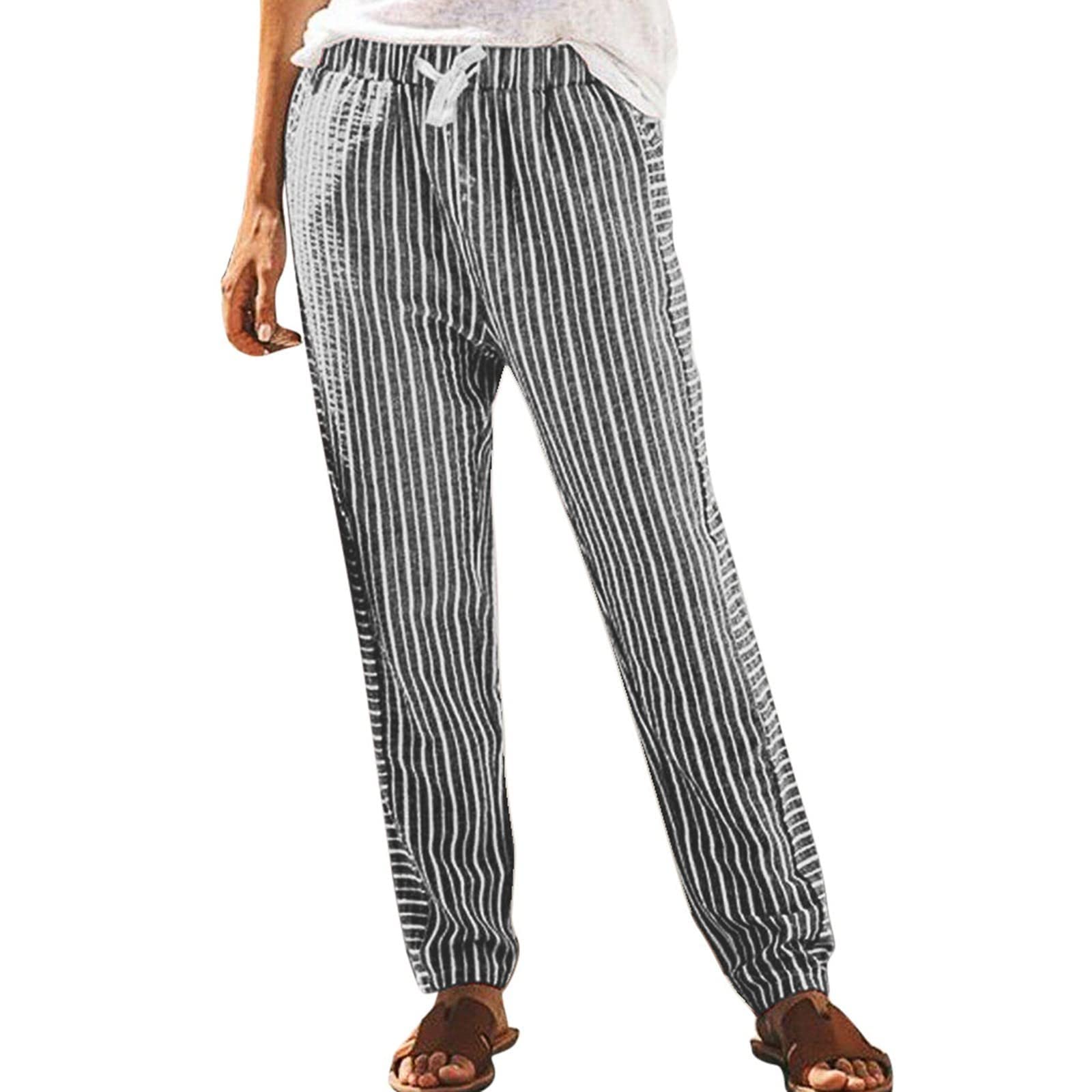 Vintage Striped Women's Pencil Pants - Elastic Waist with Drawstring, Tapered Bootcut Relaxed Fit Long Pants for Casual Wear, Office & Night Out