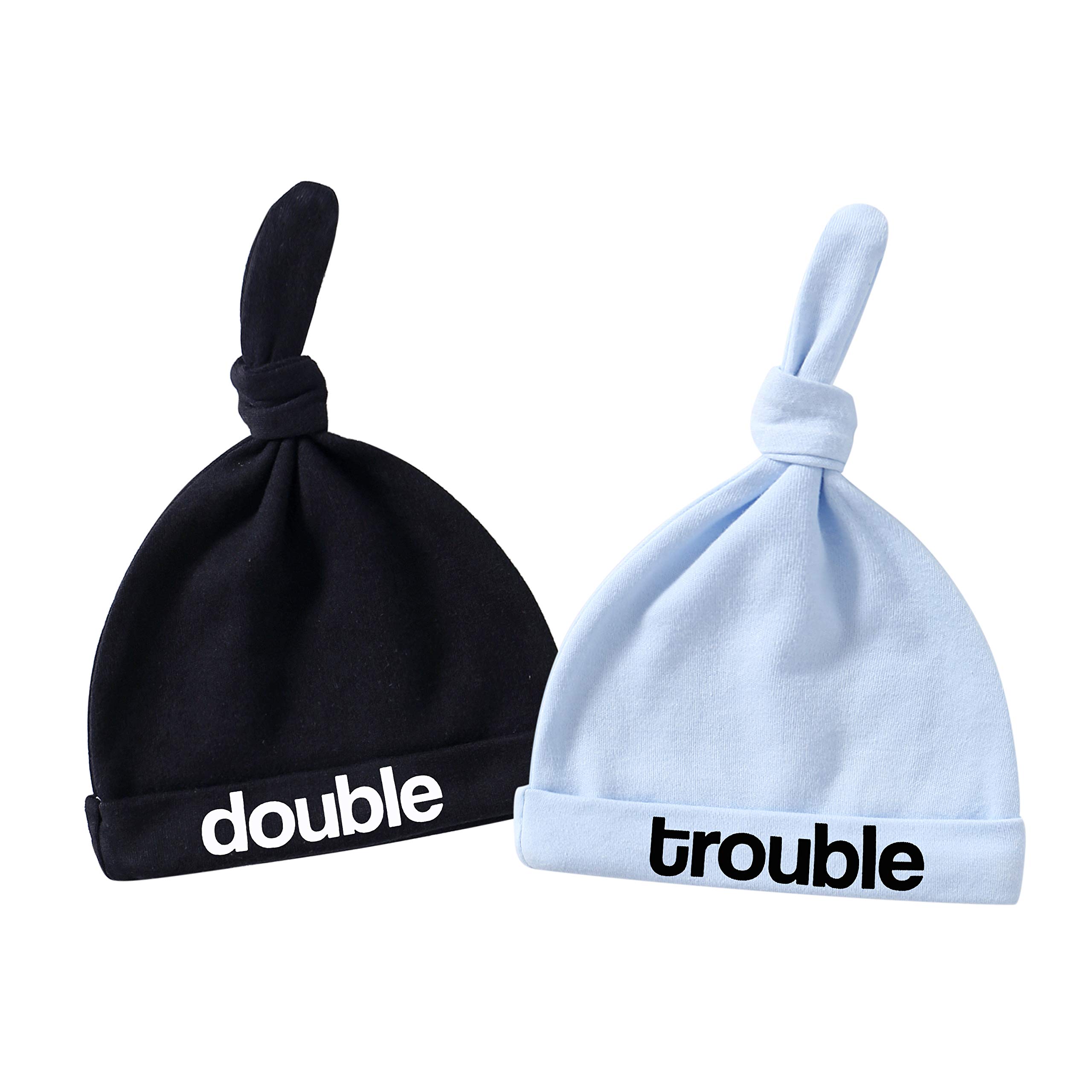YSCULBITOL Newborn Twin Baby Hats - Matching Hospital Hats for Twins, Double Trouble Baby Shower Gift Set, Perfect for Newborn Photography & First Outfits