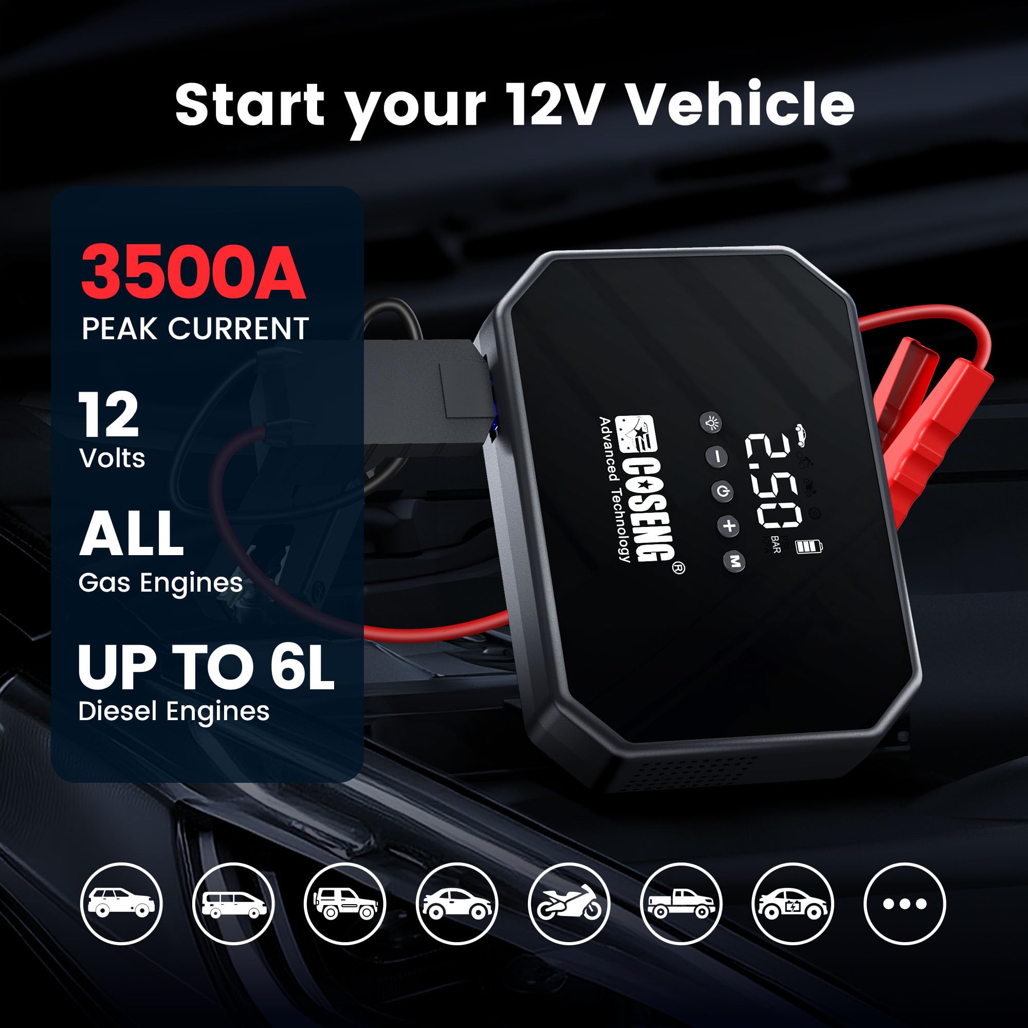 J22 3500A Portable Jump Starter with Air Compressor - 150PSI Tire Inflator & 12V Car Battery Booster for All Gas & 6.0L Diesel Engines | Smart Jumper Cables & 3-Mode Emergency Flashlight | Perfect for Roadside Emergencies, Camping & Winter Car Prep