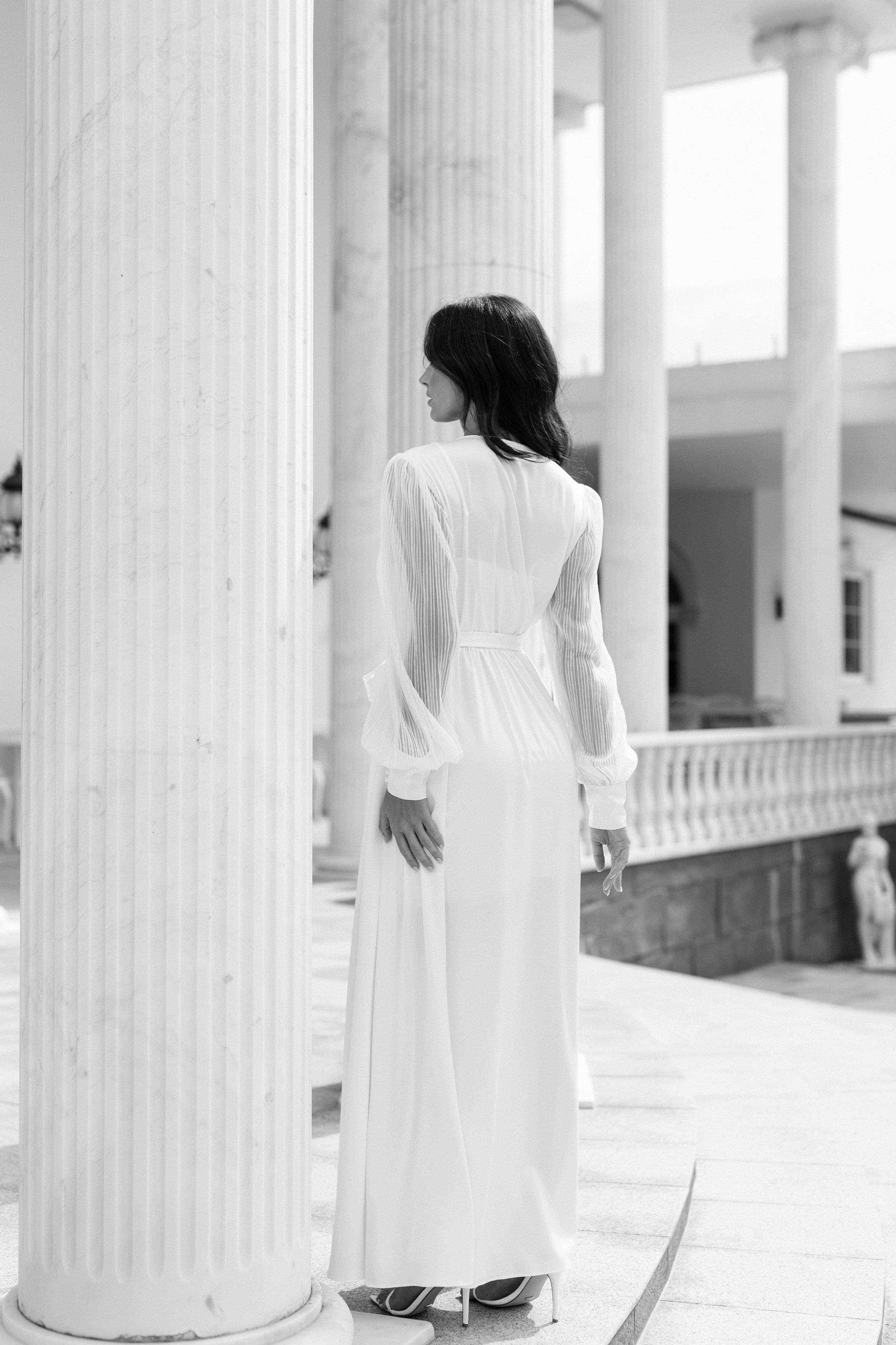 Alaina Pleated Sleeve Satin Maxi Bridal Robe with Slip - Elegant Wedding Gown for Brides, Bridesmaids & Photoshoots - Perfect for Getting Ready, Ceremonies & Special Occasions