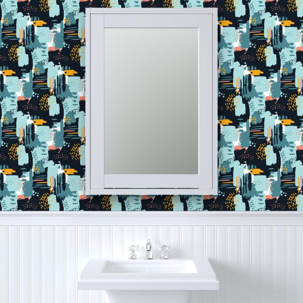 Commercial Grade Spoonflower Wallpaper Swatch - Large Painterly Blue & Gold Abstract Design with Paint Brush Motif | Perfect for Kids' Rooms, Nurseries & Modern Home Decor