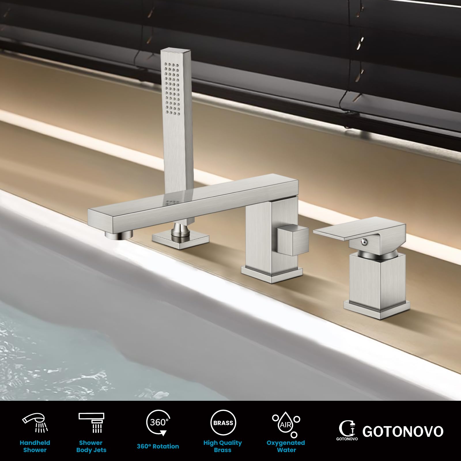 Gotonovo 3 Hole Deck Mount Roman Tub Faucet with Handheld Shower - Widespread Single Handle Bathtub Filler Set, Honeycomb Water Flow in Brushed Nickel - Perfect for Luxury Bathrooms & Spa Retreats