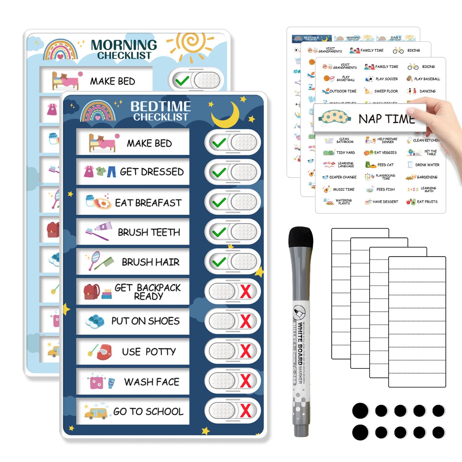 2 in 1 Magnetic Chore Chart for Kids - Morning & Bedtime Routine Schedule Board with Visual Checklist - ADHD Tools for Toddlers & Children - Perfect for Home Organization & Daily Task Management