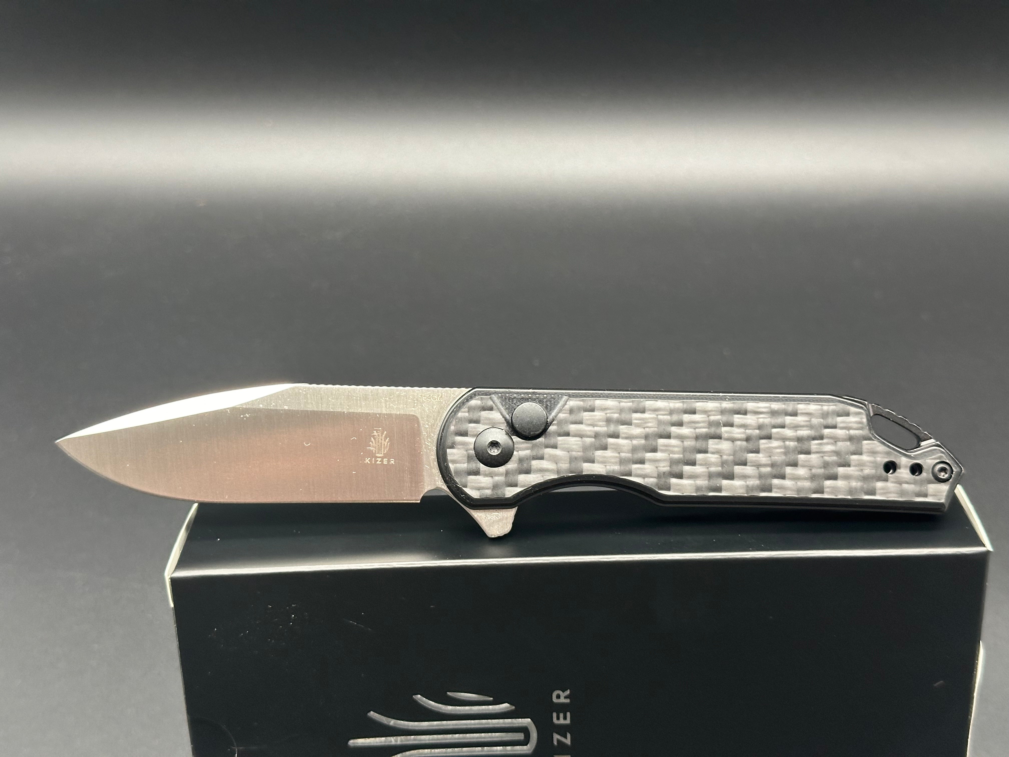 KIZER ASSASSIN Folding Pocket Knife - Black Carbon Fiber/G10 Handle with 154CM Steel Blade - EDC, Outdoor, Camping & Survival Tool