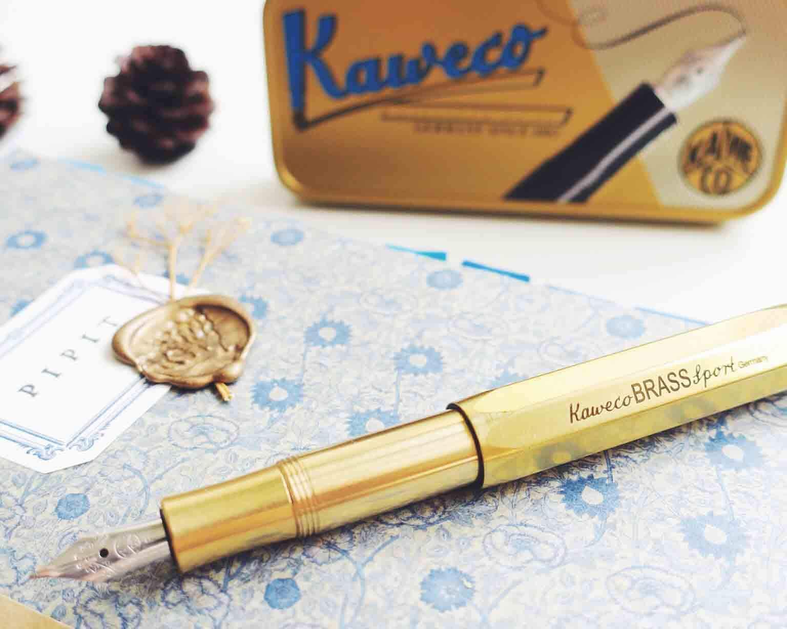 Kaweco AL Sport Fountain Pen with Fine Nib - Brass Body + 6 Black Ink Cartridges Gift Set for Writing, Journaling & Office Use