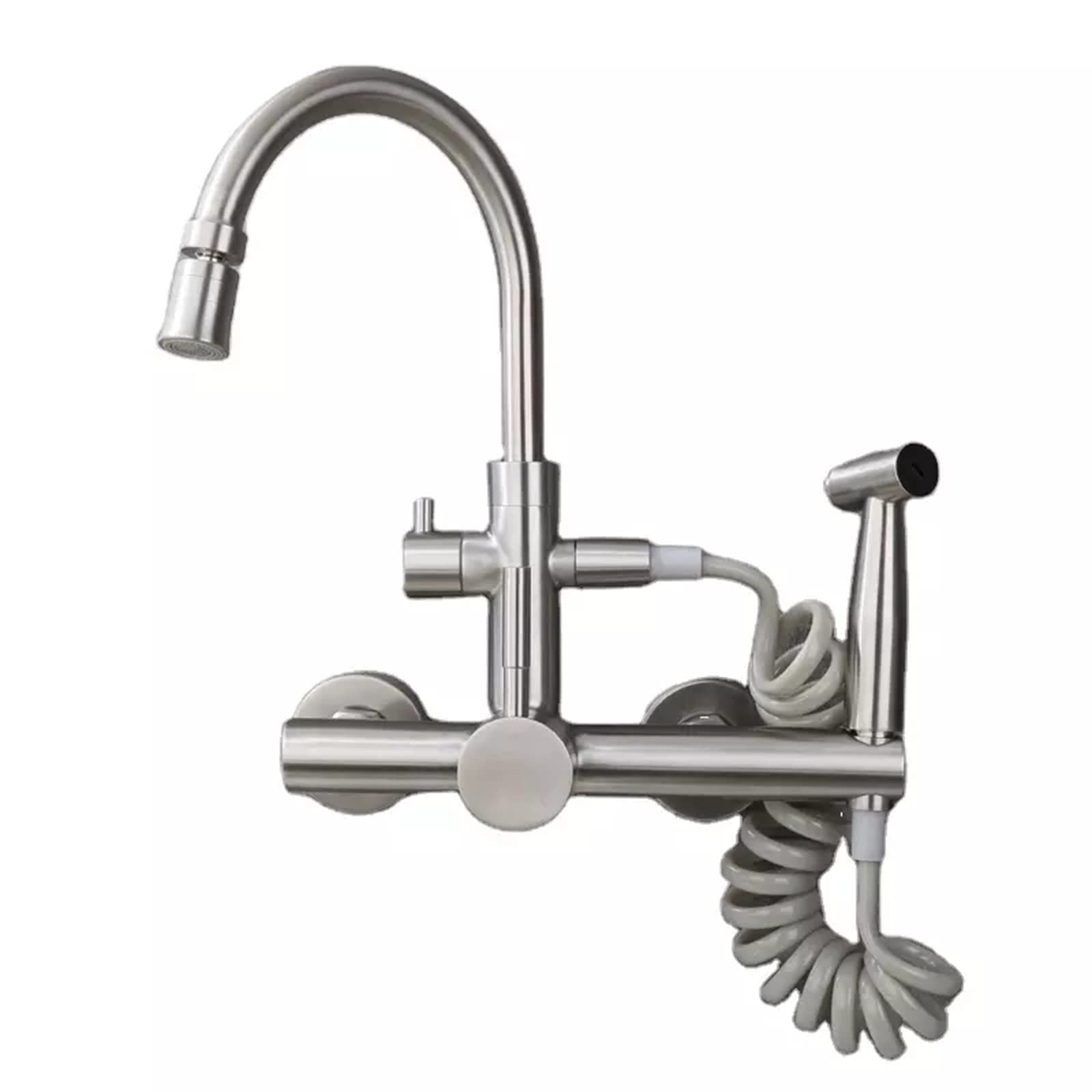 Commercial Grade 360° Swivel Brushed Stainless Steel Kitchen Faucet with Pull Down Sprayer - Wall Mount Double Hole Hot & Cold Water Mixer Tap - Dual Mode Spout for Restaurant & Home Kitchen Sink