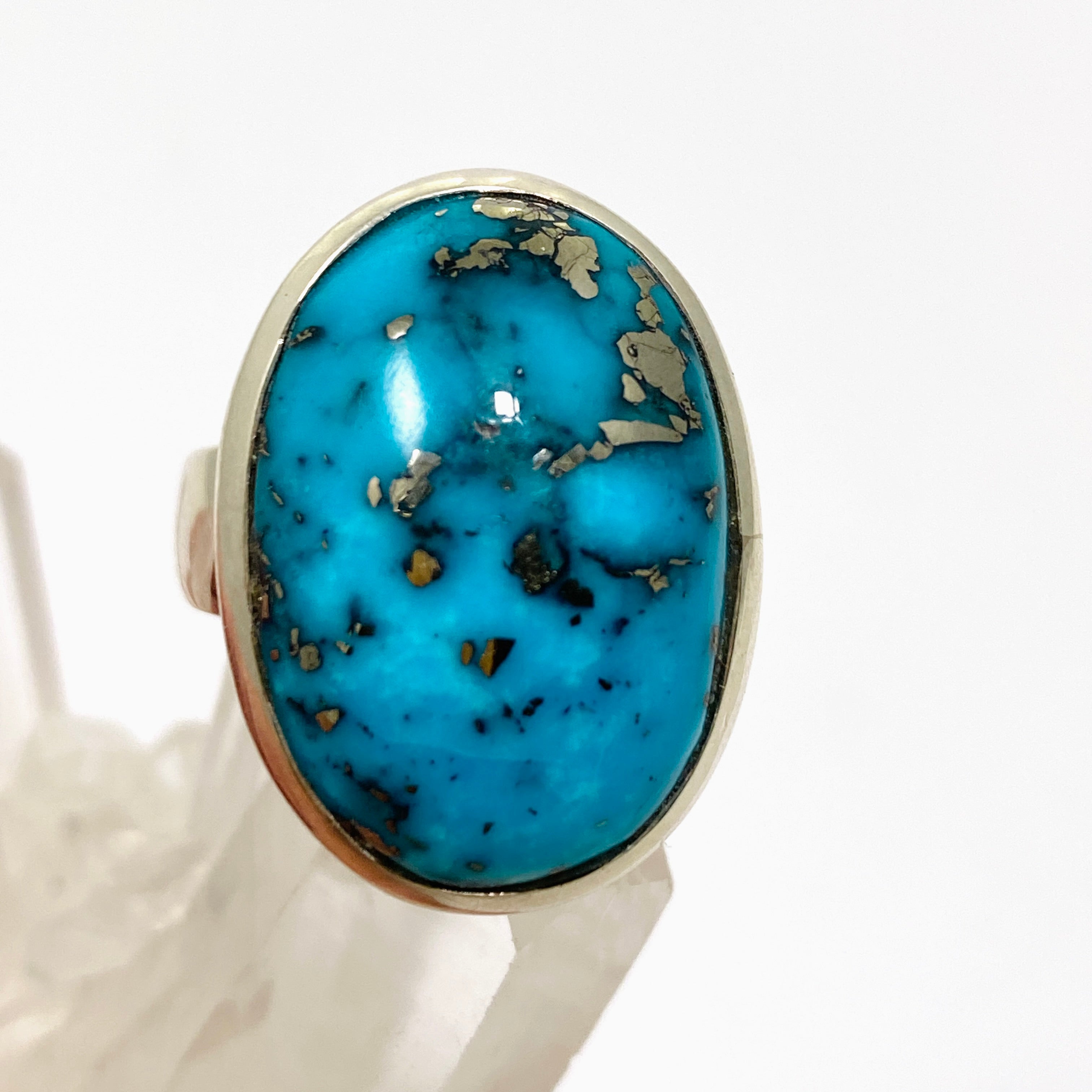 Natural Persian Turquoise with Pyrite Oval Cabochon Ring - Size 10 - Handmade Iranian Gemstone Jewelry for Women - Perfect for Boho, Western & Everyday Fashion