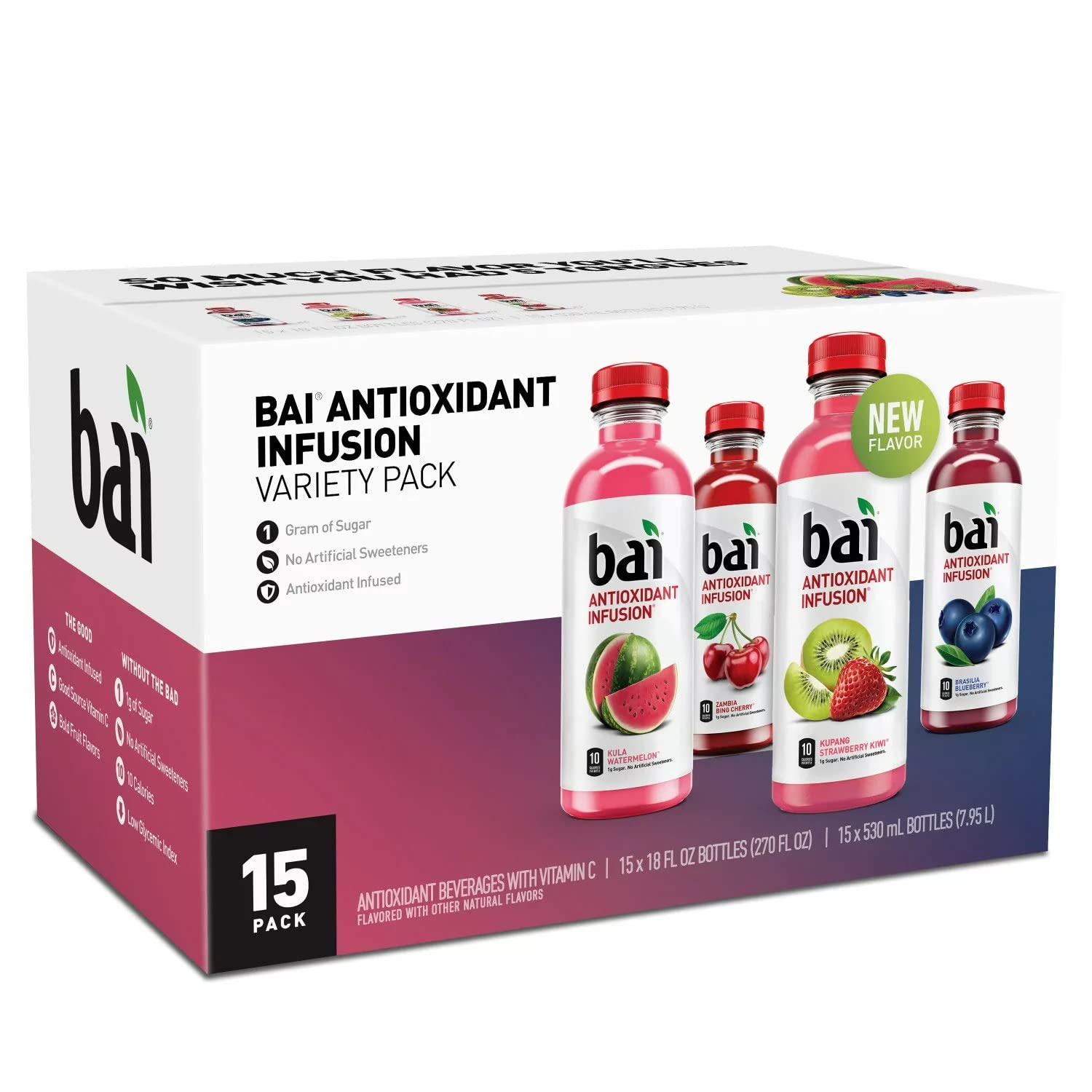 Bai Antioxidant Infusion Variety Pack - 15 Count (18 fl. oz. Bottles) - Natural Flavored Herbal Tea Drinks for Energy & Wellness - Perfect for Office, Gym & Healthy Lifestyle