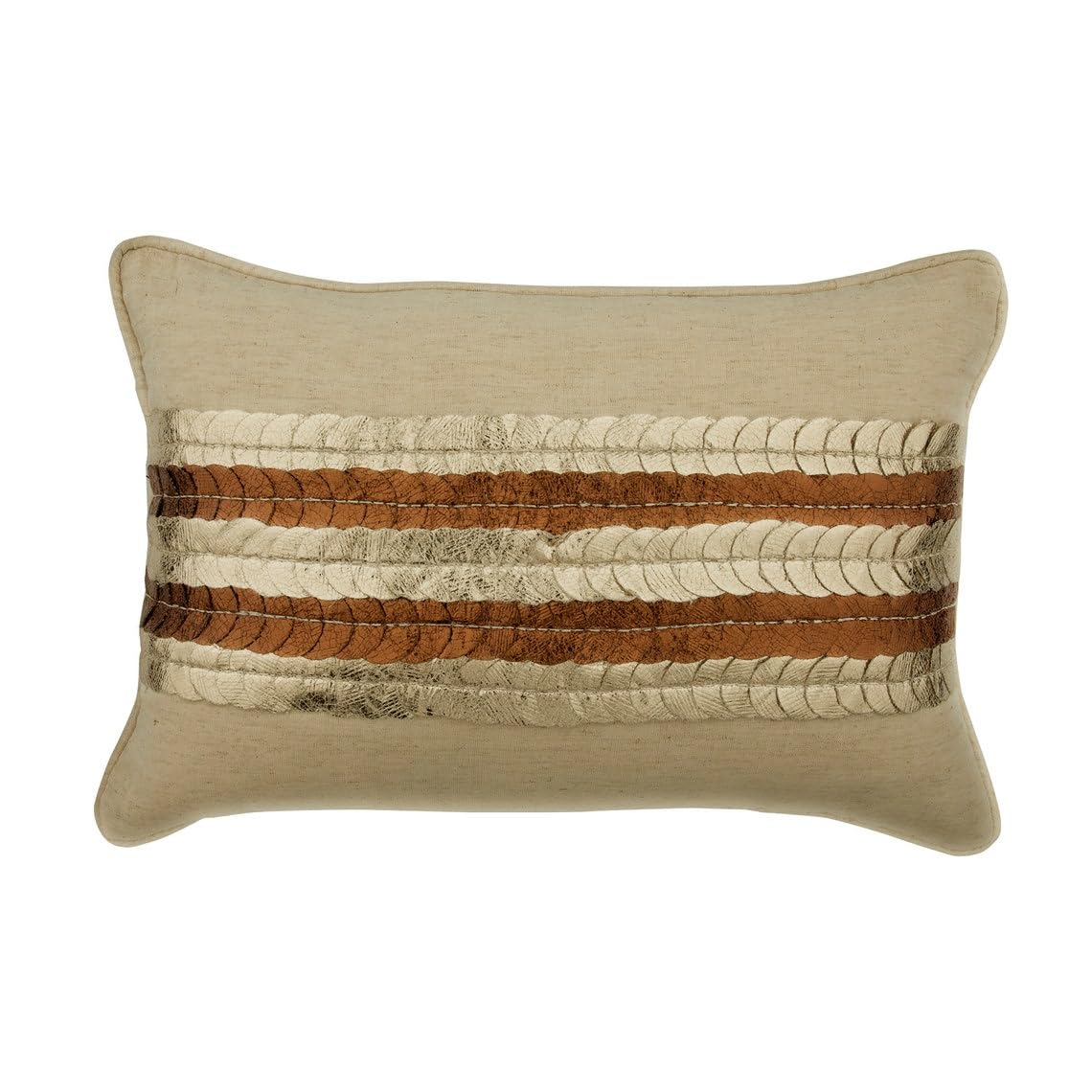 HomeCentric Decorative Beige Lumbar Pillow Throw - 12x18 inch (30x45 cm) Linen Lumbar Pillow with Metallic Faux Leather Circles & Dots Design - Almost Copper - Perfect for Sofa, Bed, Couch, and Home Decor