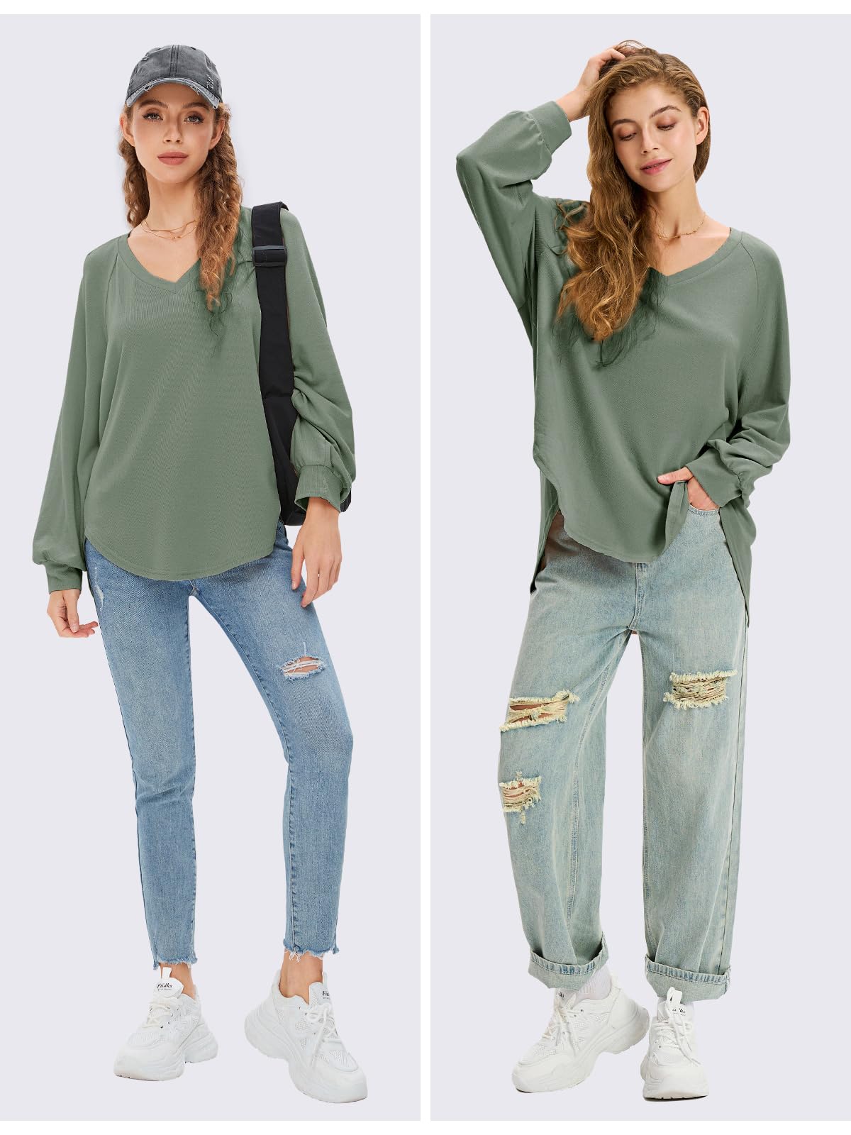 EXLURA Women's Spring Oversized V-Neck Tunic Top 2025 - Casual Long Sleeve Shirt, Lightweight Soft Sweater with Curved Hem - Perfect for Work, Travel & Everyday Wear