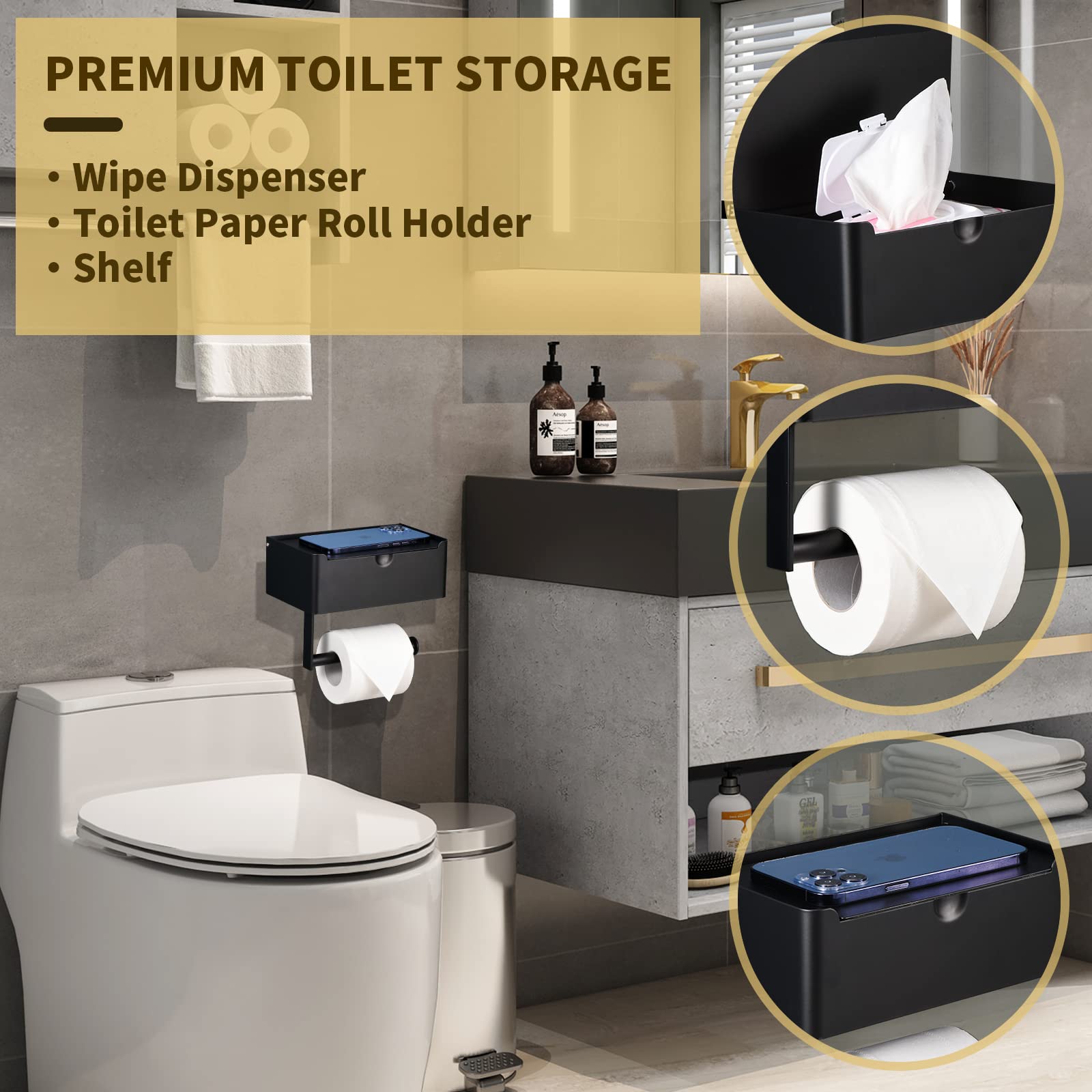 Stainless Steel Wall Mounted Toilet Paper Holder with Shelf - Large Bathroom Wipe Organizer in Matte Black - Perfect for Modern Bathrooms and Powder Rooms