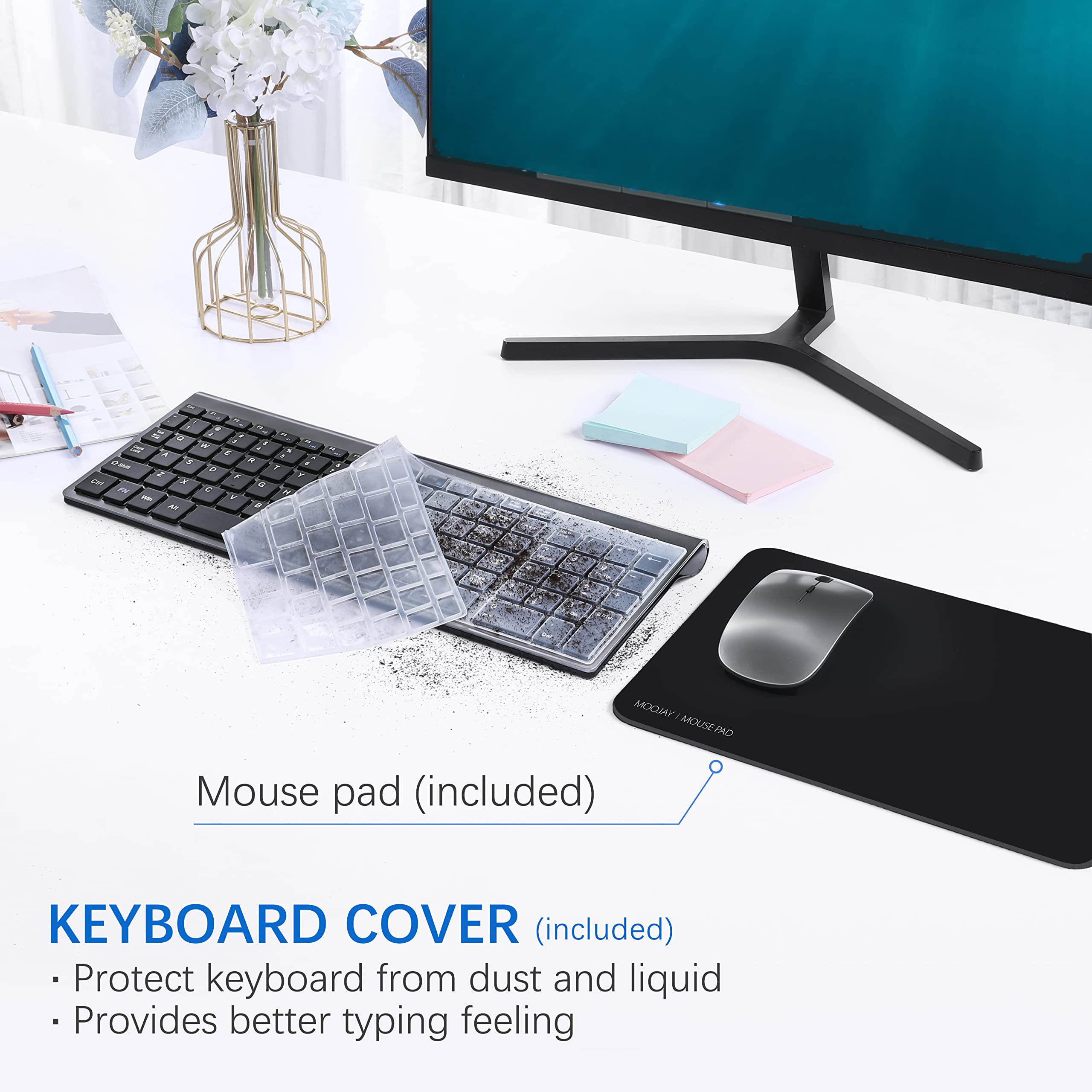 MOOJAY Wireless Keyboard and Mouse Combo - Ultra Slim 2.4G USB Quiet Keyboard with Scissor Switch, Ergonomic Mouse & Mouse Pad - Includes 2 AA/AAA Batteries & Protective Cover - Perfect for Office, Home, PC, Laptop, Windows (Gray Black)