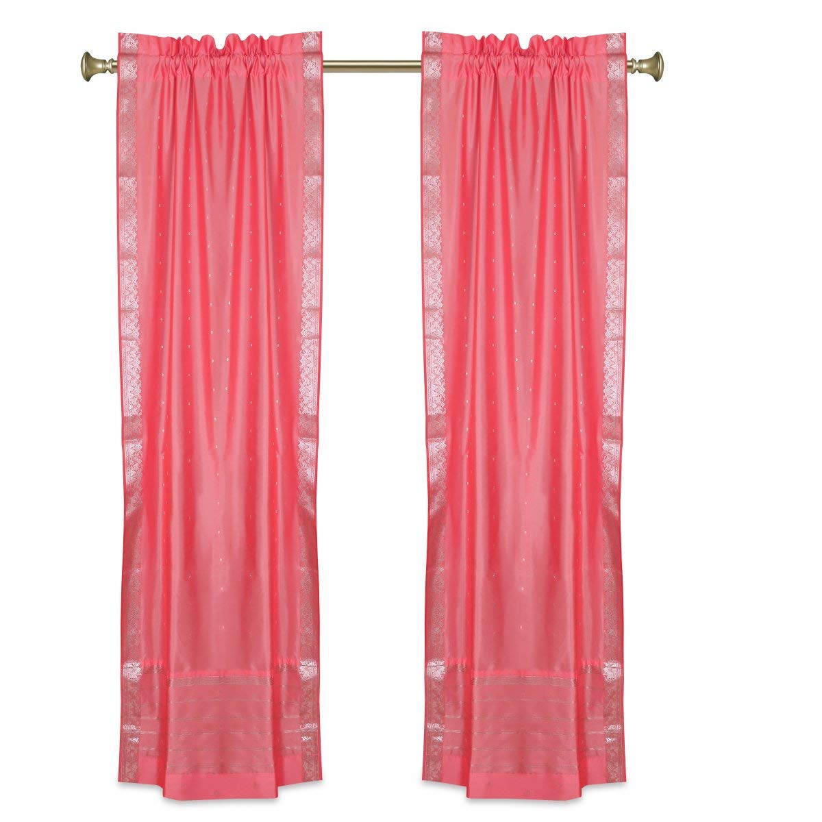 Indian Selections Pink Sheer Sari Curtains with Silver Border - 80 Inch Wide x 120 Inch Long - Rod Pocket Window Drapes Pair for Living Room & Bedroom Decor