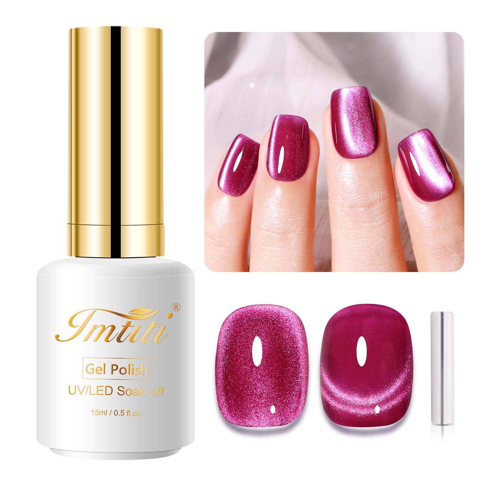 Imtiti Cat Eye Gel Nail Polish - 15ml Rose Red Holographic Crystal Diamond UV Soak Off Gel with Magnetic Stick | Nail Art Design for Salon & Home Manicure | Perfect for Parties, Weddings & Special Occasions