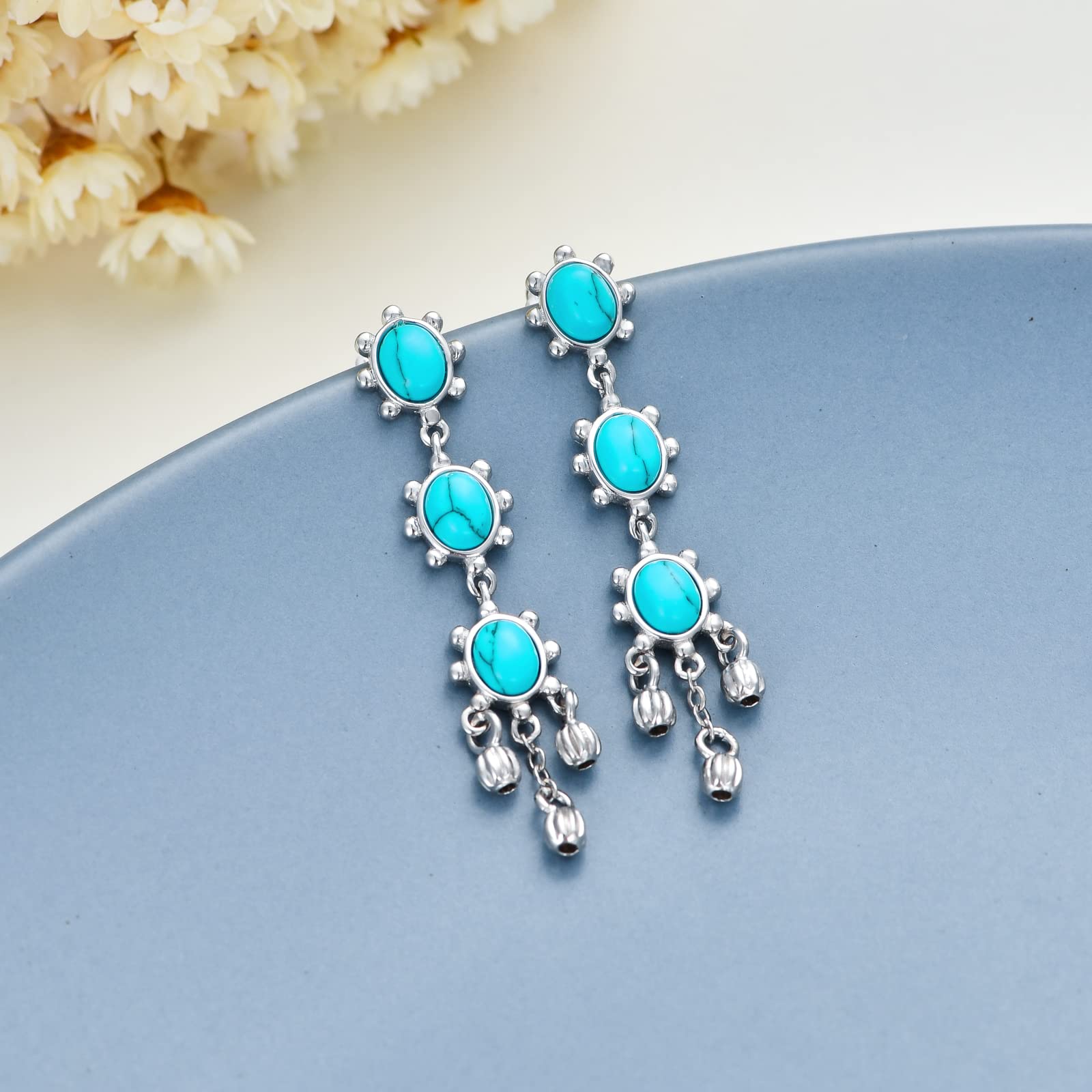 Blue Turquoise Feather Dangle Earrings for Women - Sterling Silver S925 Gemstone Drop Piercing Jewelry | Birthday & Christmas Gifts | Perfect for Boho Fashion, Parties & Special Occasions