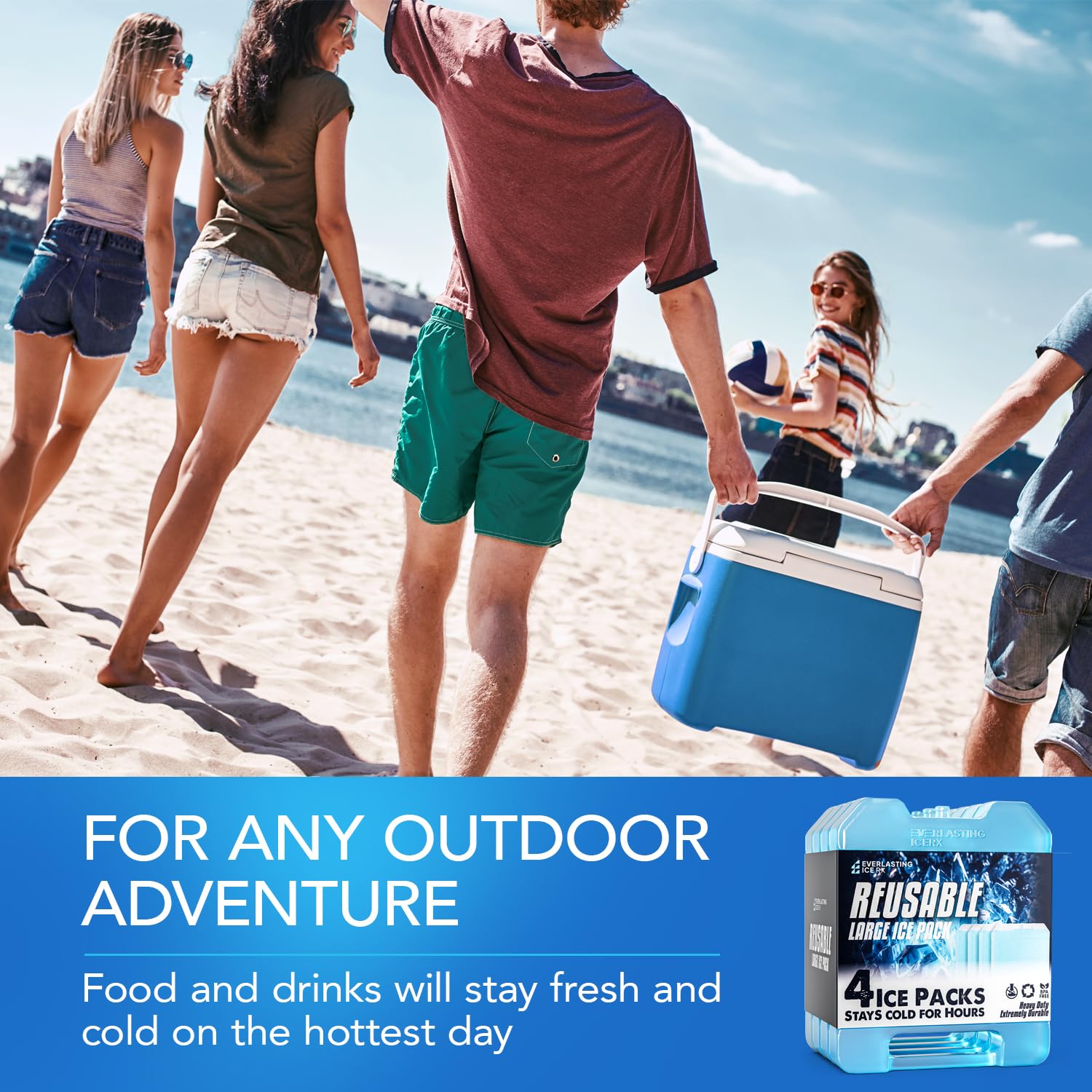 Everlasting Ice RX Large Reusable Ice Packs (4 Pack) - BPA Free, Long-Lasting Cooling for Coolers, Lunch Boxes & First Aid | Perfect for Camping, Fishing, Hiking, Beach Trips & Outdoor Adventures