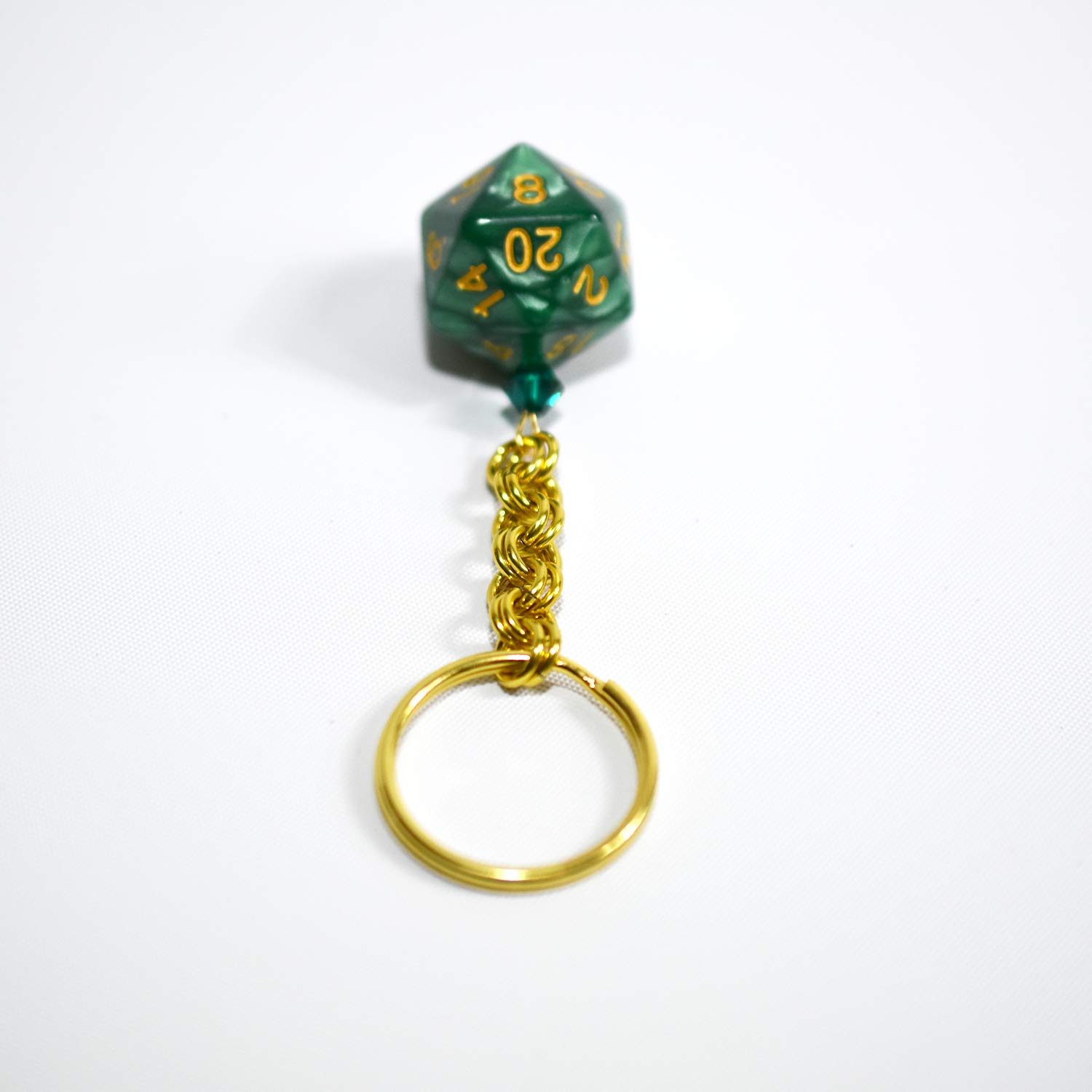 20-Sided D20 Dice Keychain - Green & Gold Polyhedral Gaming Accessory for D&D, MTG, RPG Tabletop Games & Gifts