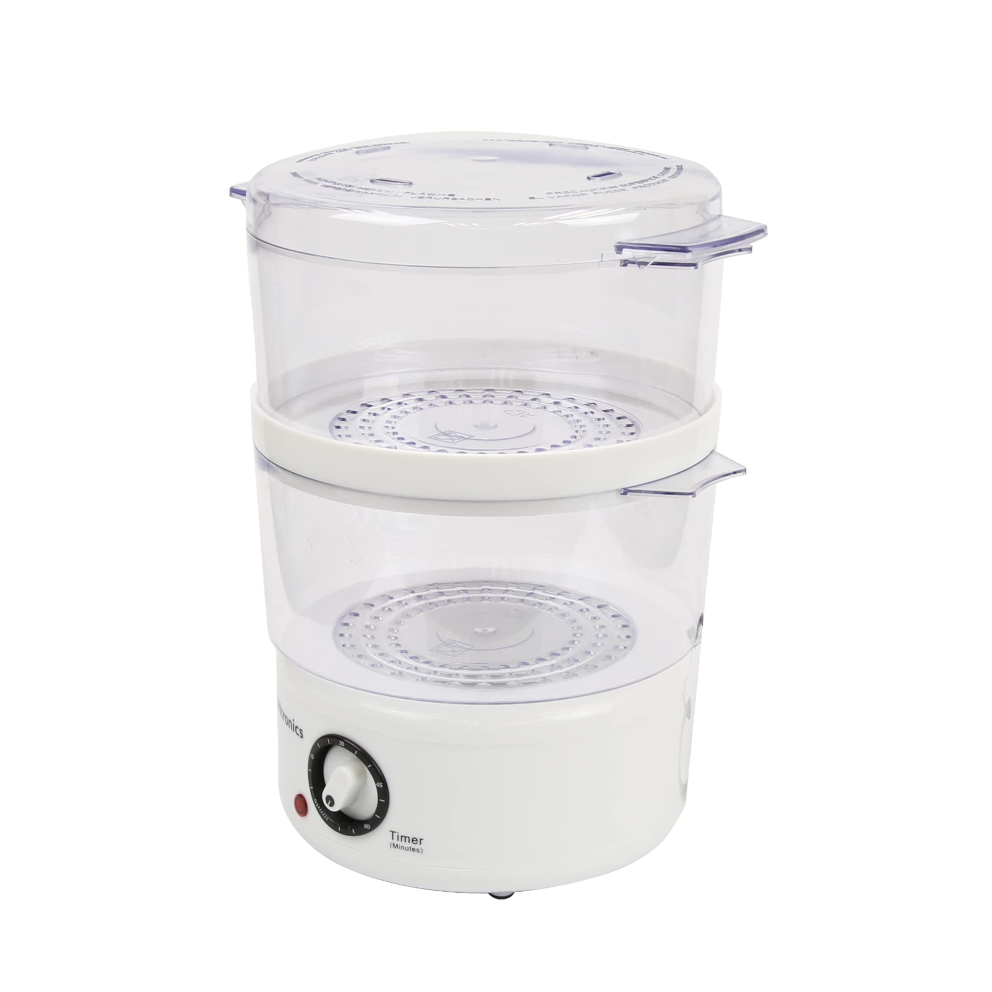 EMtronics 2-Tier Stainless Steel Food Steamer - 4L Capacity for Meat, Vegetables & Dumplings - 60 Minute Digital Timer - Perfect for Healthy Cooking & Meal Prep - White