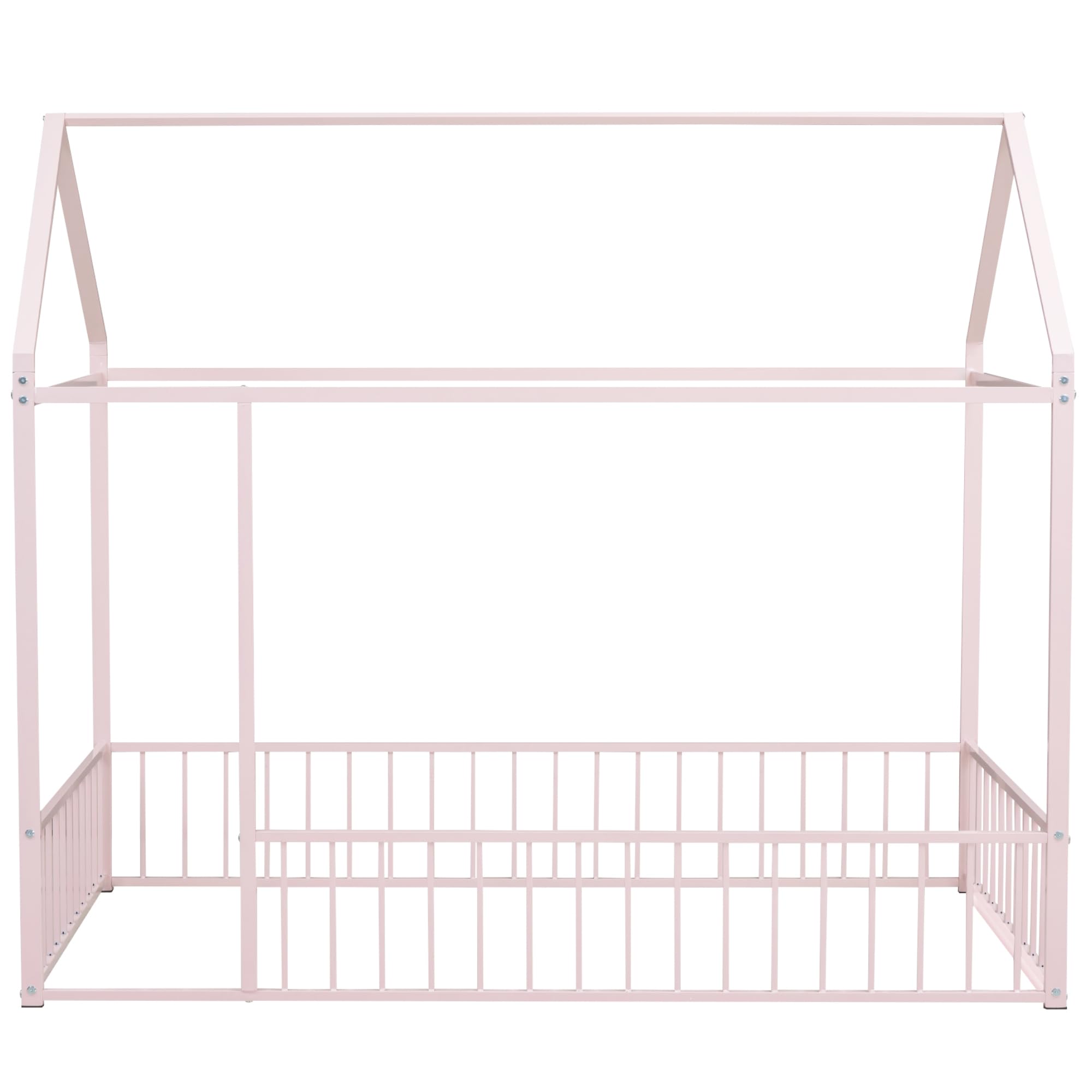 Montessori Twin Floor Bed with Safety Rails for Kids - Metal Frame Playhouse Bed with Roof for Boys, Girls & Toddlers | Sturdy Post Foot Pads for Teens - Perfect for Bedrooms, Playrooms & Montessori Learning Spaces