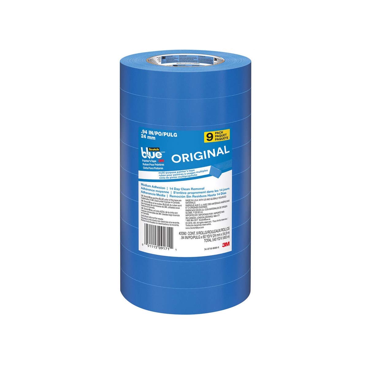 3M Professional Masking Tapes 2090 Multi-Surfaces 9 Rolls, 24mm x 50m - High-Quality Painters Tape for Home Improvement, DIY Projects, Automotive & Woodworking - Perfect for Precise Edging and Surface Protection