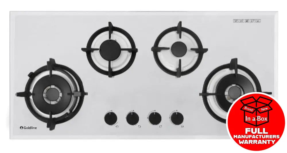 Goldline SAB4GLW 36-Inch White Glass Gas Cooktop - 4 Burner NG (Natural Gas) Stove for Modern Kitchen Cooking & Entertaining