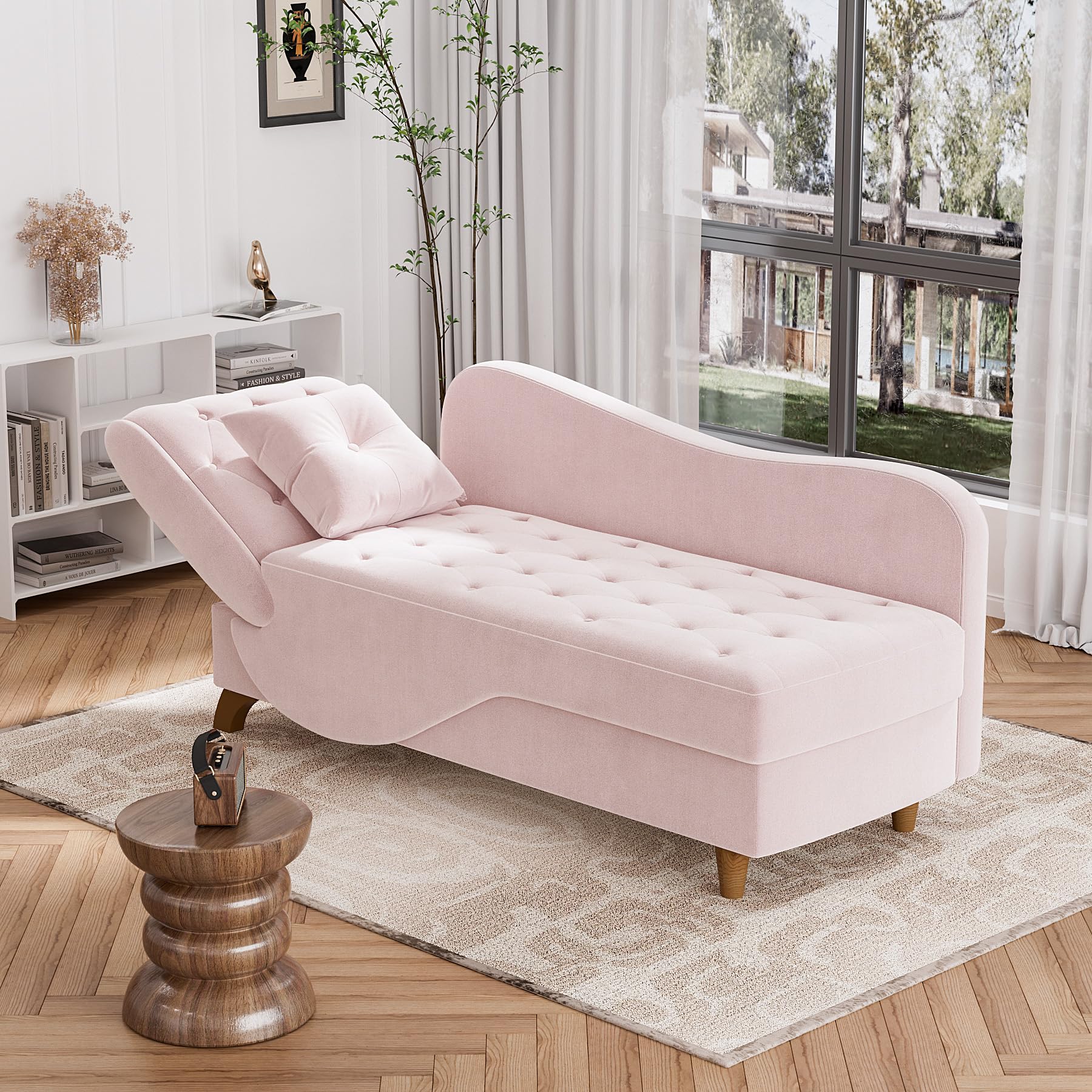 3 in 1 Velvet Chaise Lounge Chair with Storage - Adjustable Armrest Recliner, Sleeper Sofa Bed with Pillow - Pink Futon for Living Room & Bedroom - Perfect for Reading, Napping & Small Space Living