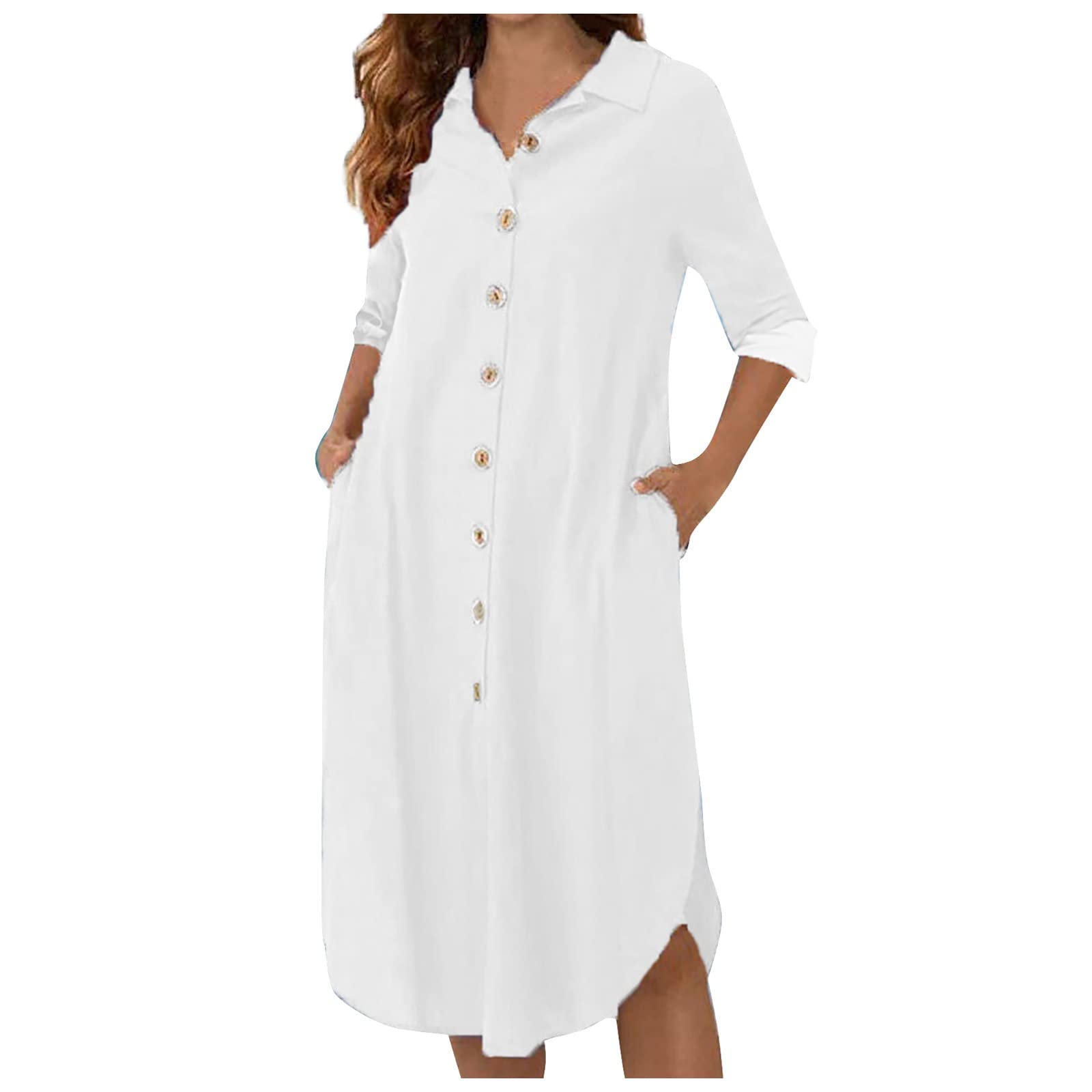 UODSVP Women's Casual Shirt Dress - Solid Color Loose Fit Long Sleeve Pocket Tunic Dress with O-Neck | Perfect for Work, Weekend Outings & Spring Layering