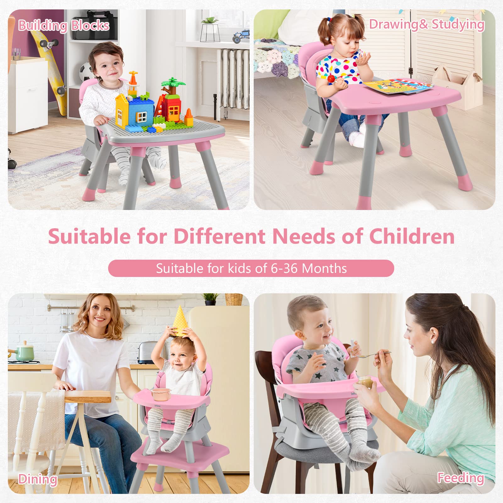 INFANS 8-in-1 Convertible Baby High Chair - Adjustable Toddler Booster Seat with Removable Tray, Building Block Table & Kids Stool - Perfect for Dining, Playtime & Learning Activities at Home