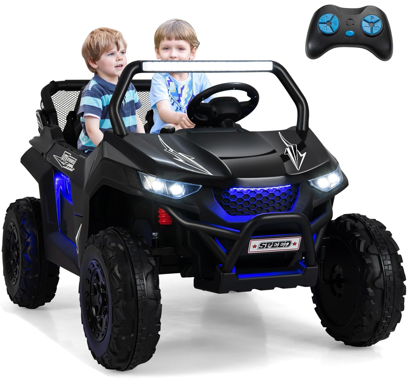 OLAKIDS 12V Kids Electric Ride On Car - 2 Seater UTV with Parent Remote Control, Spring Suspension & Bluetooth Music | Battery Powered Toy Vehicle for Boys & Girls Ages 3-8 | Perfect for Outdoor Play, Birthday Gifts & Backyard Fun (Jet Black)