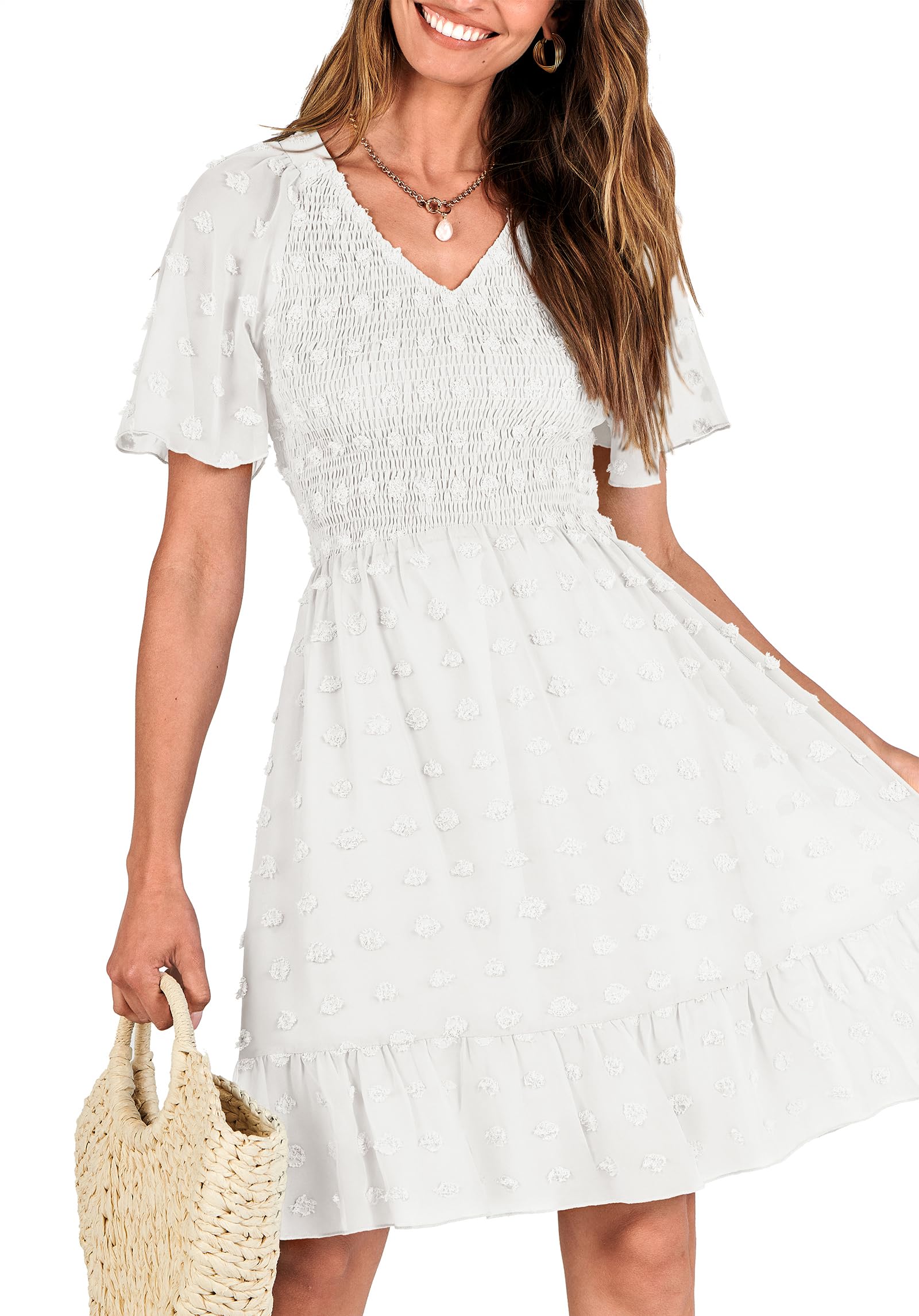BTFBM Women's V-Neck Casual Summer Dress - Short Sleeve Smocked Swiss Dot Swing Ruffle Mini Dress for Beach Vacation 2025 | Perfect for Tropical Getaways, Pool Parties & Summer Outings