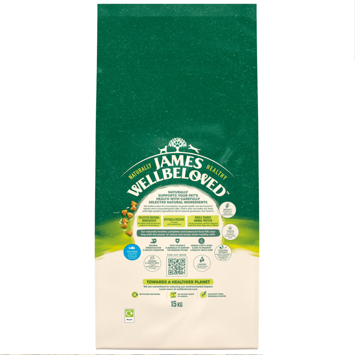 James Wellbeloved Fish & Rice Adult Dry Dog Food 15kg - Natural Hypoallergenic Nutrition for Sensitive Stomachs - Perfect for Daily Feeding & Digestive Health