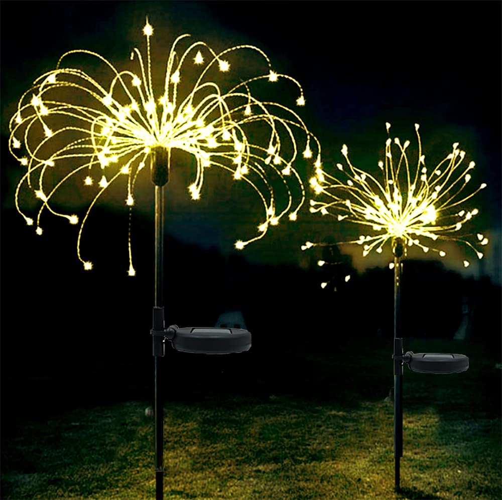 AMZSTAR 2-Pack Solar Powered Outdoor Garden Lights - 150 LED Firework Dandelion Fairy String Lights with Copper Wire for Walkway, Patio, Lawn, Backyard, Wedding & Christmas Party Decor (Warm White) | Weatherproof Solar Lighting for Landscape, Pathway & Holiday Decoration