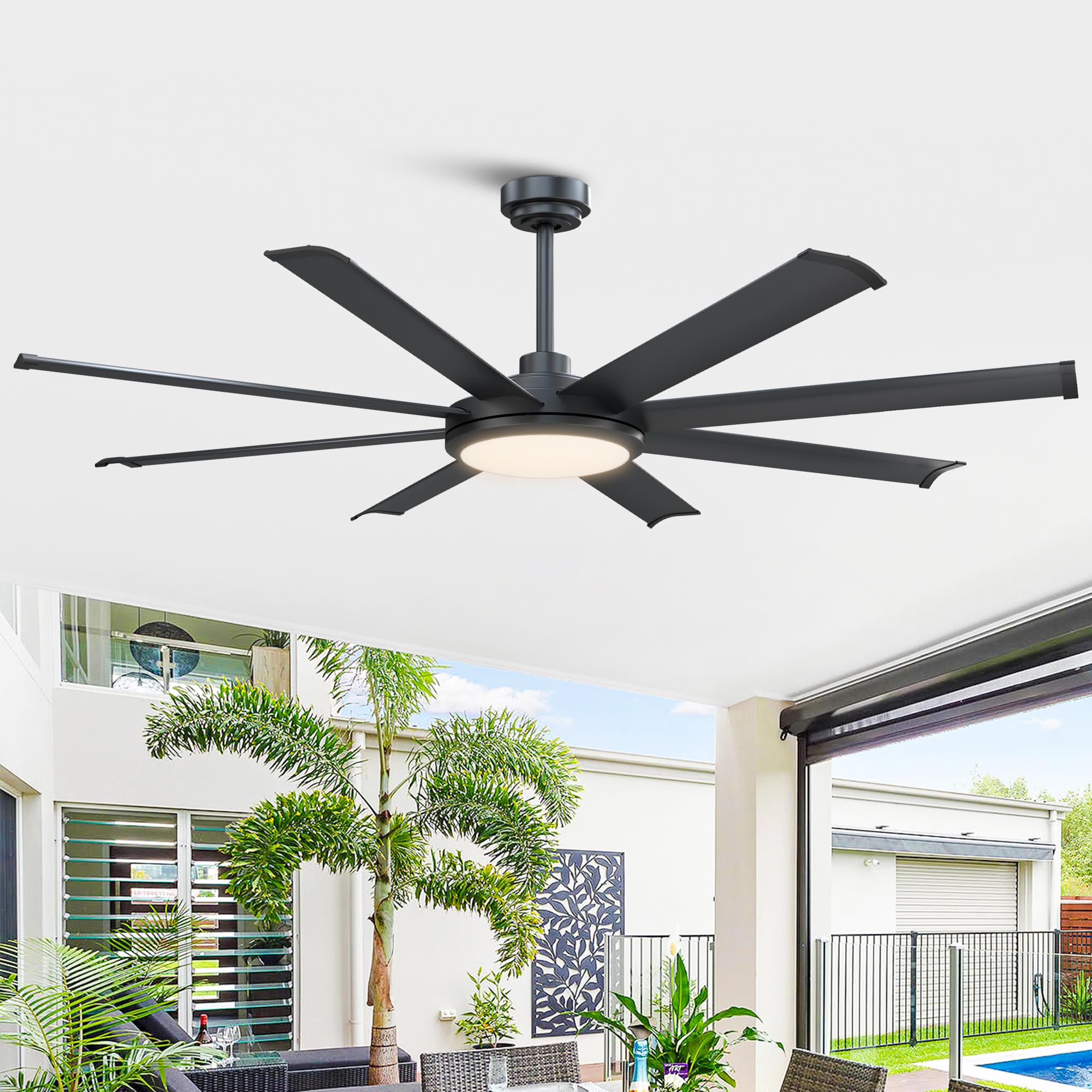 60 Inch Black Ceiling Fan with Lights and Remote - Modern Flush Mount DC Motor Fan for Bedroom, Living Room & Outdoor Use - Energy Efficient LED Lighting & Reversible 8 Blades - Perfect for Home Cooling and Stylish Interior Decor (Ventilador de Techo con Luz)