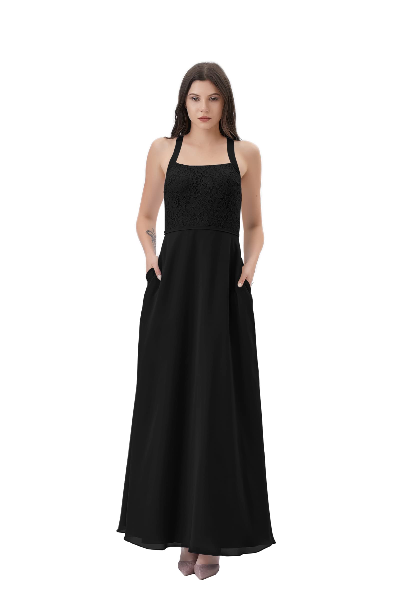 Elegant Square Neck Lace Corset Chiffon Long Prom Dress with Keyhole Back & Pockets | Women's Wedding Guest Formal Gown for Evening Parties, Dances & Special Occasions