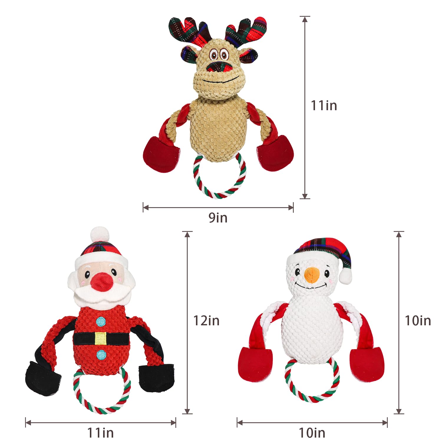 3 Pack Christmas Dog Toys - Squeaky Plush Santa, Reindeer & Snowman Stuffed Toys with Chew Rope | Interactive Pet Toys for Small & Medium Dogs | Perfect Stocking Stuffers & Holiday Gifts for Pets