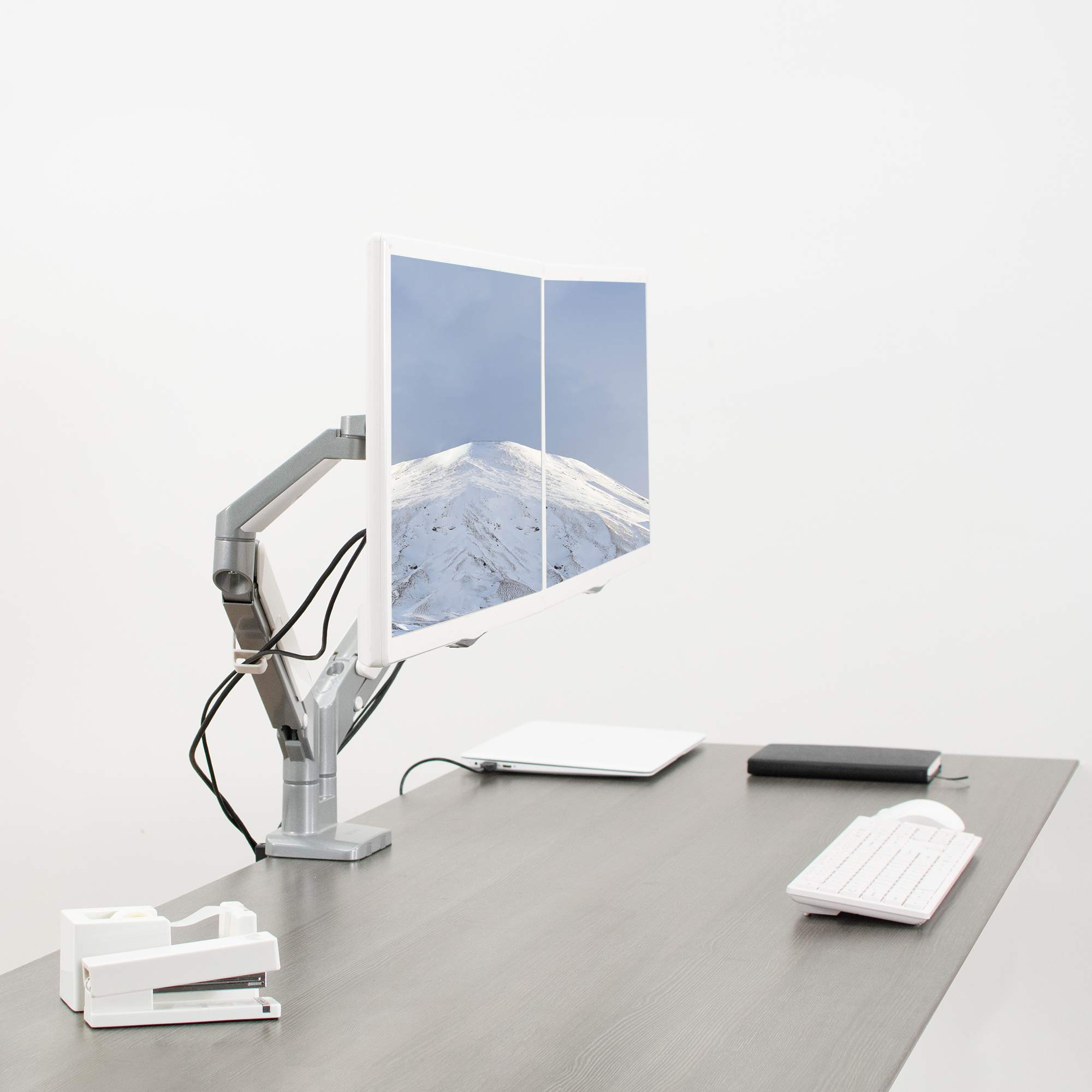 VIVO Dual Monitor Mount Stand for 17 to 32 Inch Screens - Space Saving Pneumatic Spring Arms with Aluminum Clamp-on Desk Mount, Max VESA 100x100 (Silver, STAND-V200A) - Perfect for Home Office, Gaming Setup & Workspace Organization