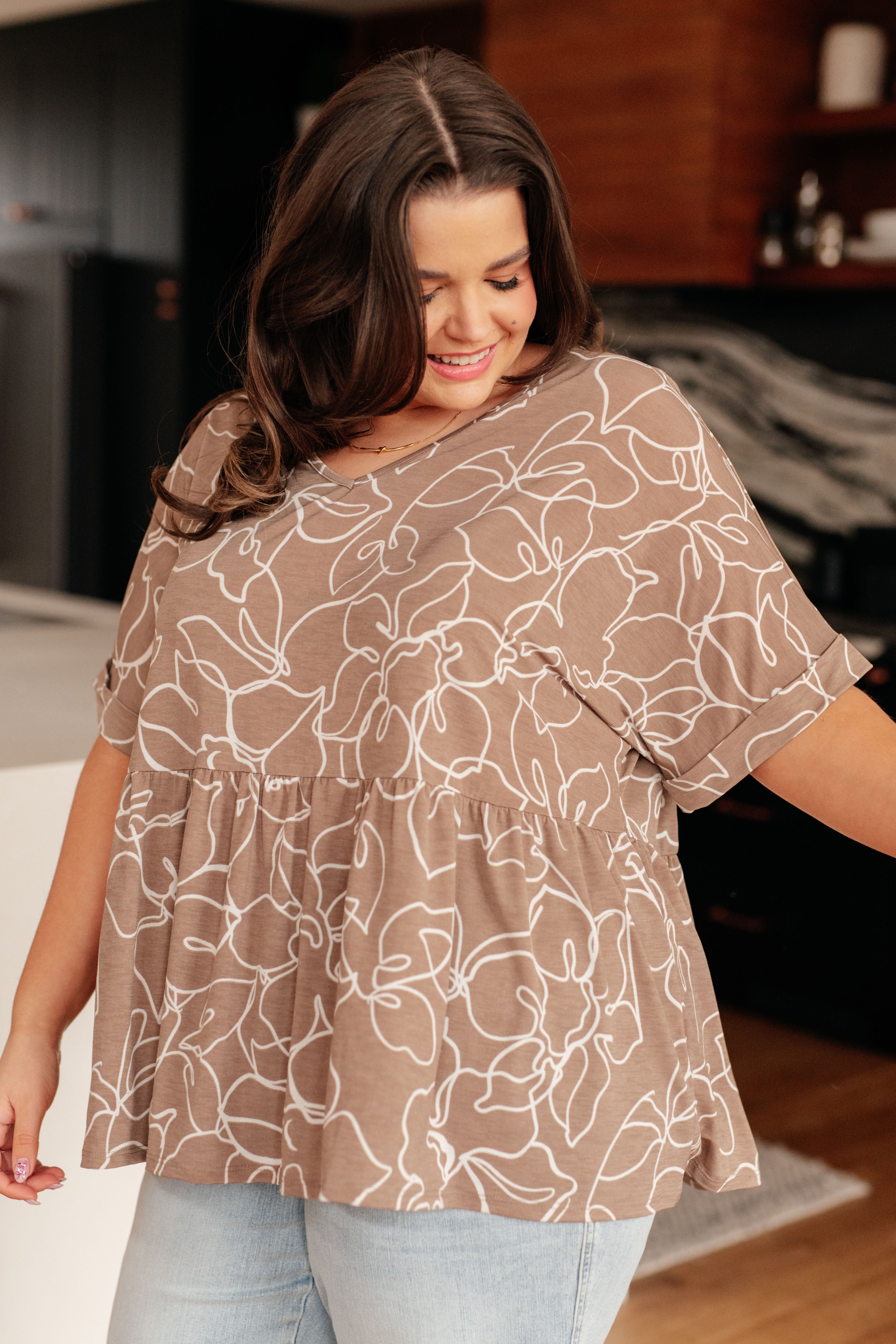 Mocha Petals V Neck Top for Women - Flowy Boho Blouse with Floral Print - Perfect for Casual Outings, Date Nights & Summer Vacations