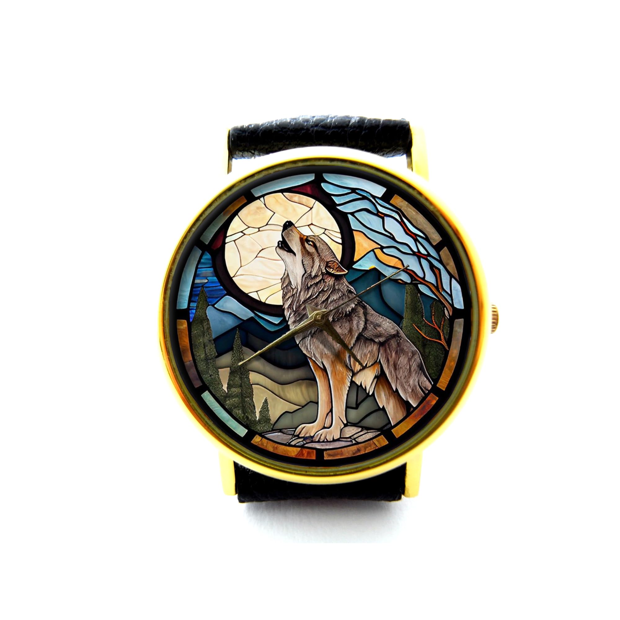 Wolf and Moon Genuine Leather Watch - Unisex Wolf Design Wristwatch for Men & Women - Personalized Engraved Wolf Jewelry - Perfect for Outdoor Adventures, Gifts & Everyday Wear