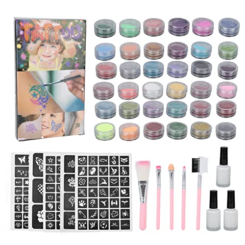36 Colors Temporary Tattoo Glitter Powder Set - Face & Body Glitter Kit with Stencil Brush for Kids, Cosplay, Halloween & Festival Makeup | Safe Non-Toxic Washable Glitter Makeup for Parties & Costume Events