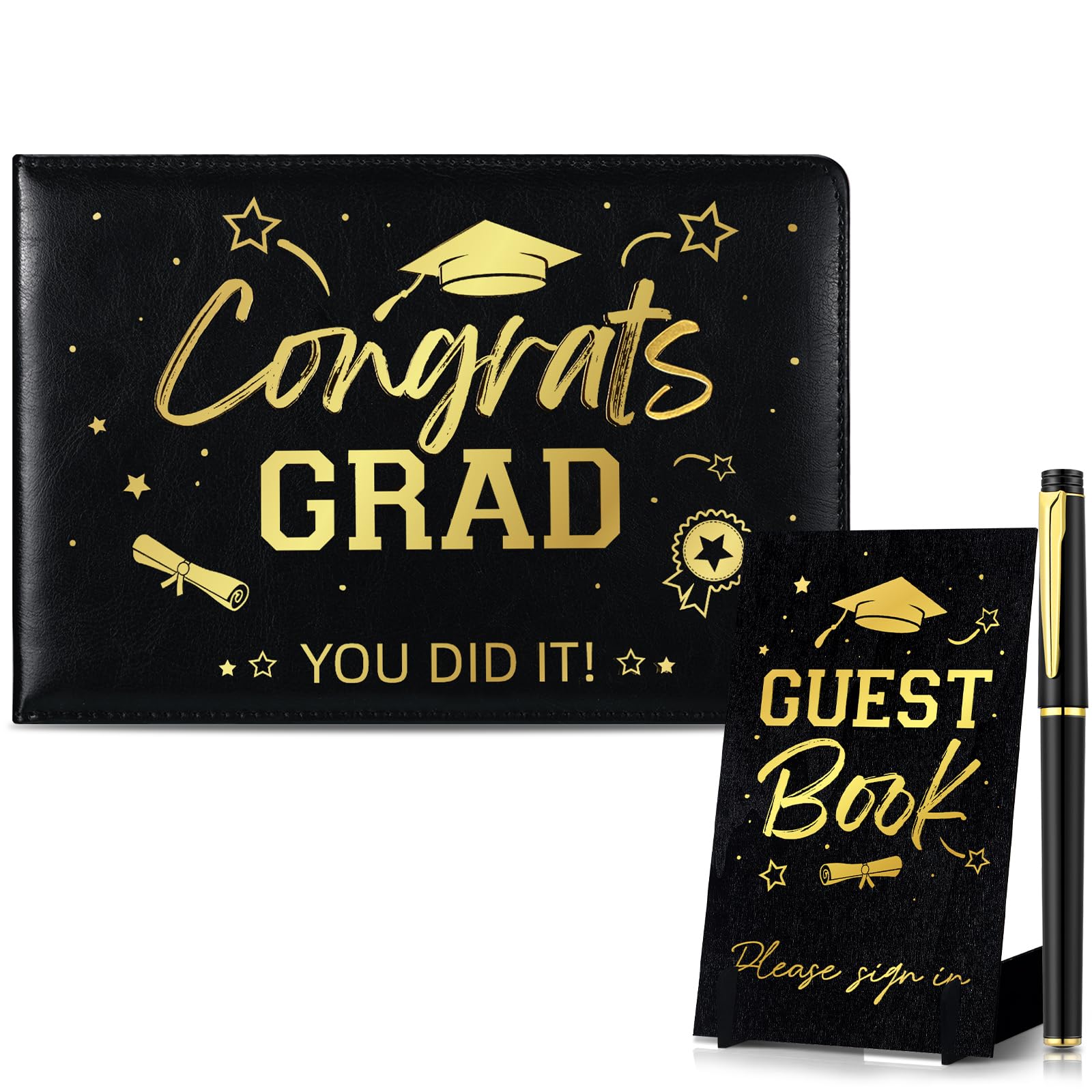 2024 Graduation Guest Book Set - Leather Sign-In Book with Pen & Table Sign for College & High School Graduation Parties - Elegant Black Scrapbook for Commencement Gifts & Memories (Perfect for Graduation Ceremonies, Open Houses & Senior Celebrations)