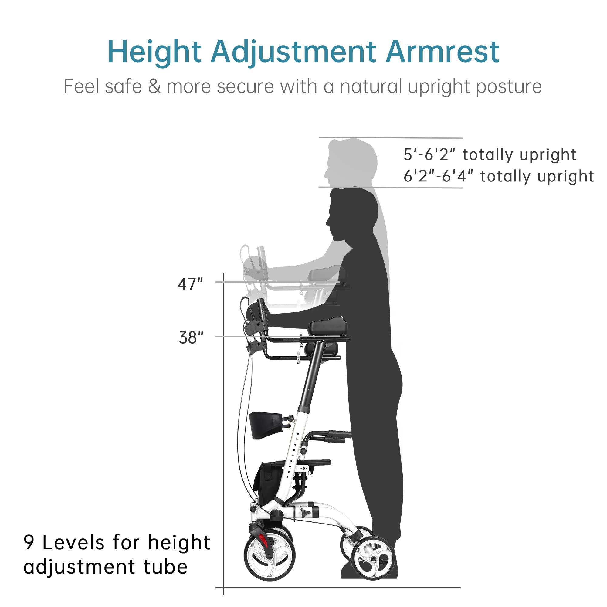 ELENKER Upright Walker with Seat - Foldable Rolling Mobility Aid for Seniors & Adults, Adjustable Height & Padded Armrests - Ideal for Indoor/Outdoor Use, Shopping & Rehabilitation (White)