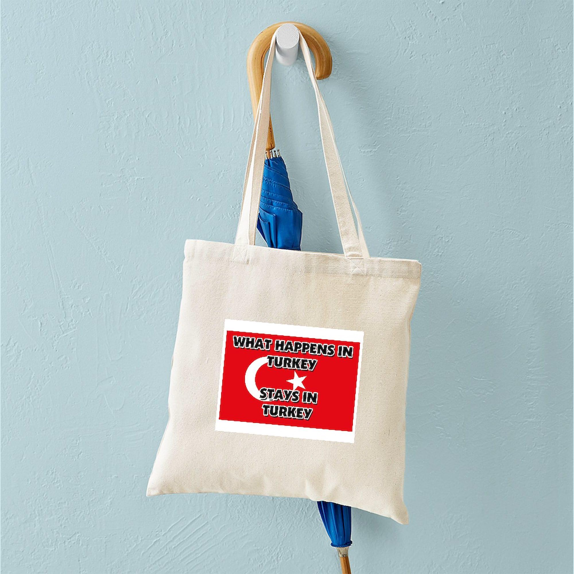 Stylish Natural Canvas Tote Bag - Reusable Shopping Bag with 'What Happens in Turkey Stays There' Print | Perfect for Groceries, Beach Trips & Travel Accessories