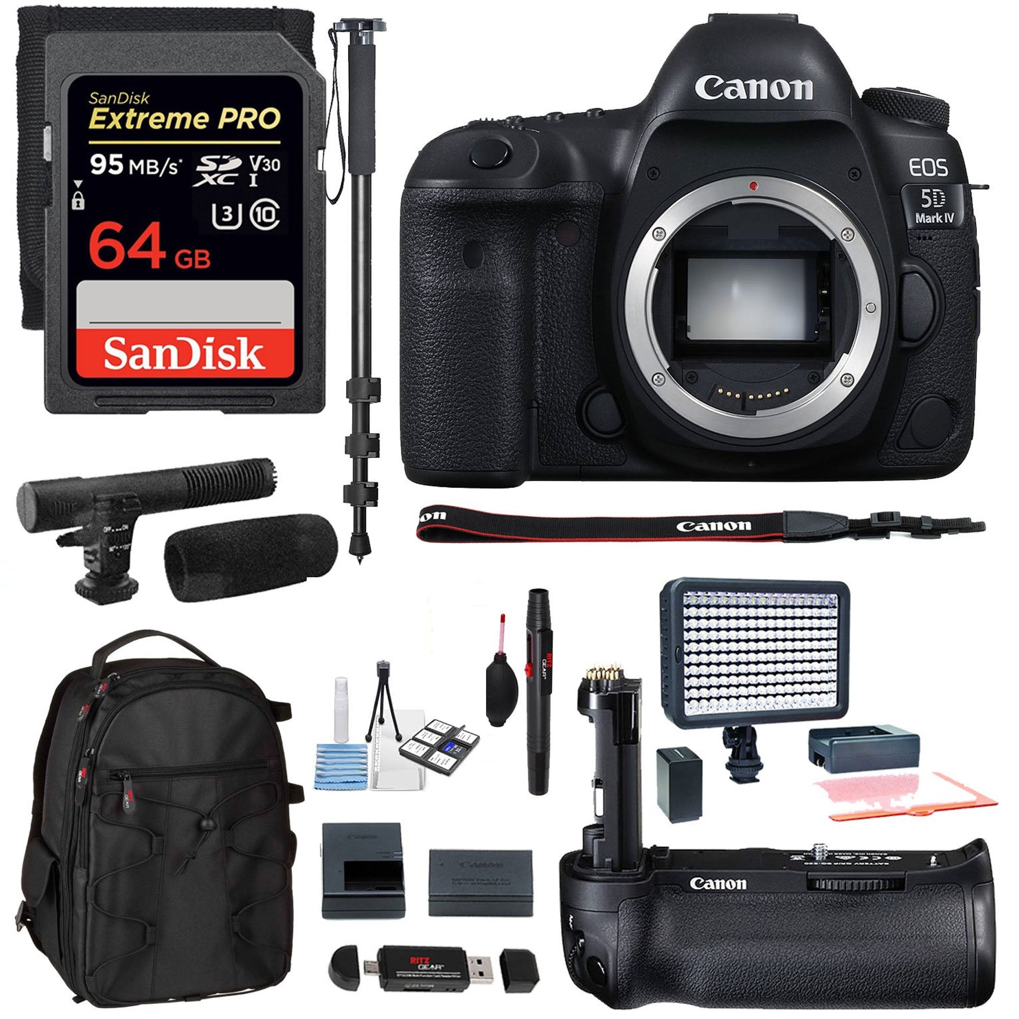 Canon EOS 5D Mark IV 30.4MP Full Frame DSLR Camera Body (Only) with BG-E20 Battery Grip, SanDisk Extreme 64GB SD Card & Polaroid LED Video Light Kit - Professional Photography & Videography Bundle for Wedding, Portrait & Studio Shooting