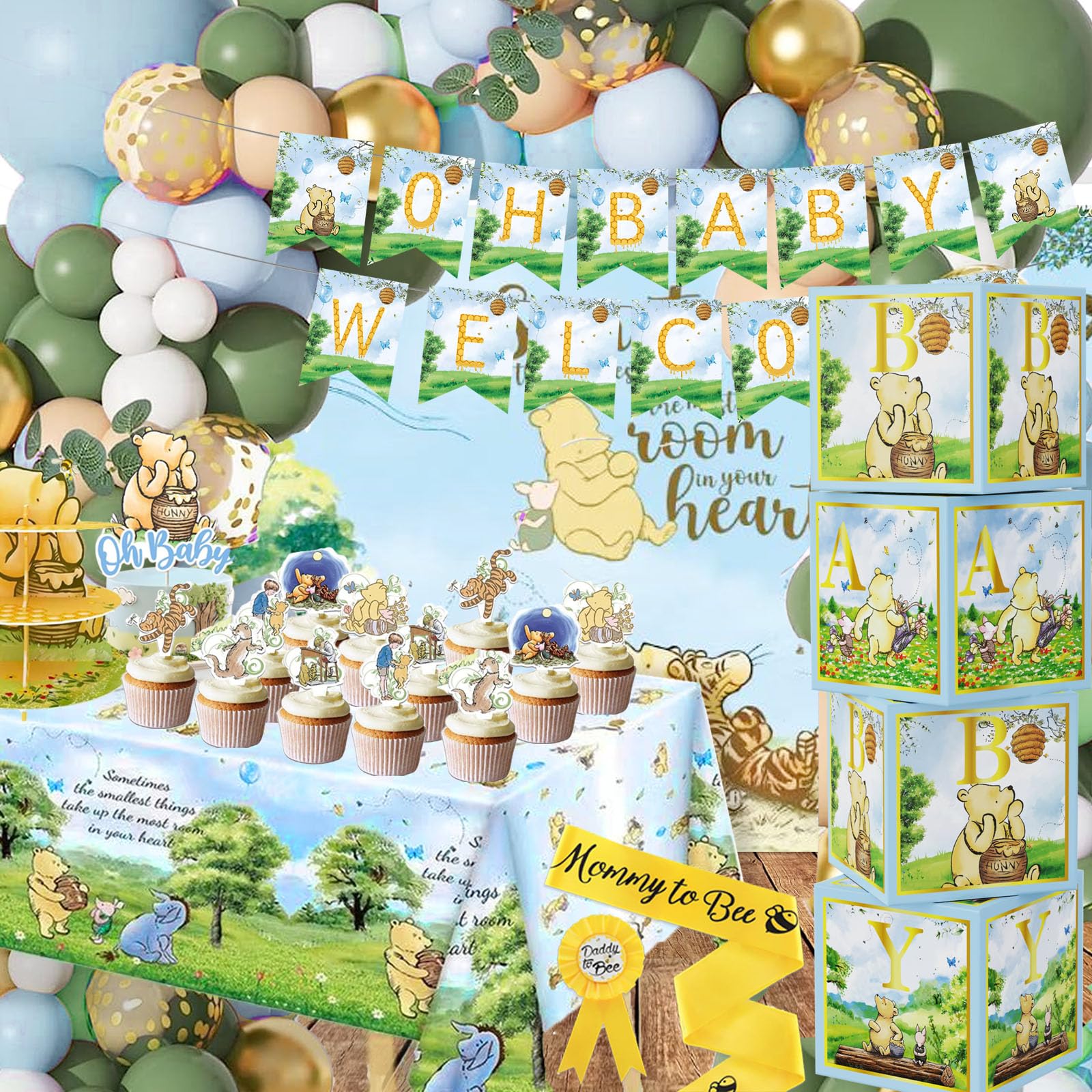 159-Piece Blue Classic Winnie the Pooh Baby Shower Decorations Kit - Vintage Pooh Party Supplies Set with Backdrop, Cake Topper & Tablecloth - Perfect for Boy/Girl Baby Showers, Gender Reveals & Nursery Decor